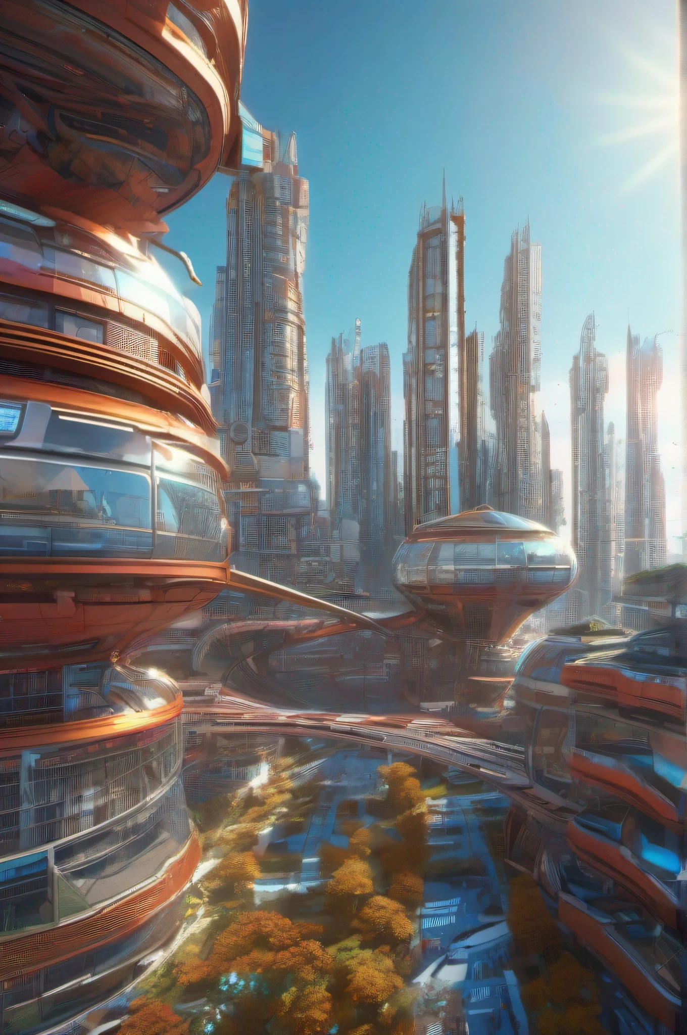 Orthographic Futuristic solarpunk city at daytime, intricate details, vibrant, blue sky, metallic buildings. art by Vitaly Bulgarov, Max Hay, PeterElson and Peter AndrewJones and AtelierOlschinsky. UHD, 4k, Redshift render