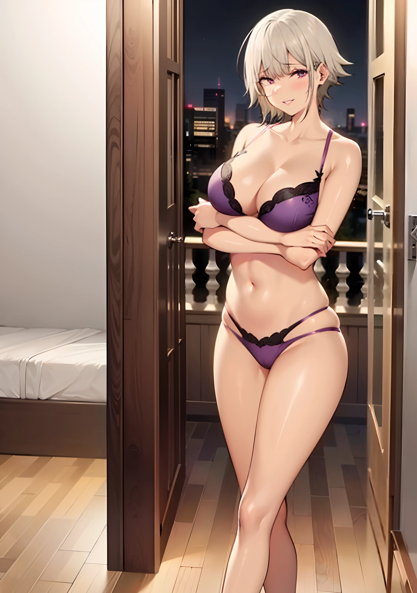 ((((masterpiece, best quality, high resolution)))), 1girl, white hair, purple eyes, short wavy hair, average breasts, blush, light smile, parted lips, glow, thighs, bare shoulders, collarbone, narrow waist, cleavage, (beautiful detailed face, beautiful detailed eyes), long slender thighs, perfect eyes, looking at the viewer, seductive looks, seductive pose, standing on the door, arms behind the back, night time, satin nightgown, voluptuous body