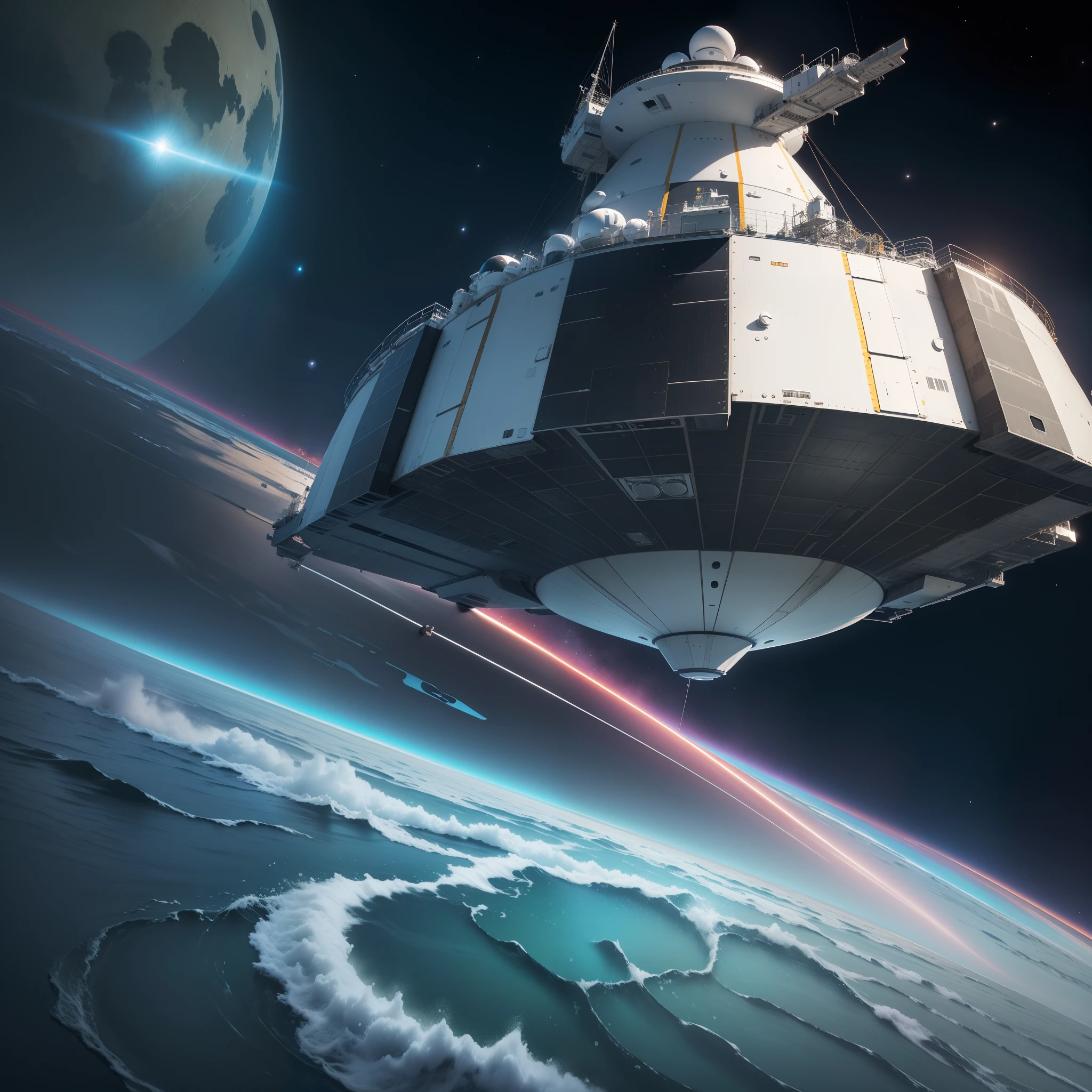 there is a large black boat that is floating in the water, photo still, cryogenic pods, apollo, landed spaceship in background, photo still of, closeup shot, space craft, cover shot, spaceship being repaired, small spacecraft in background