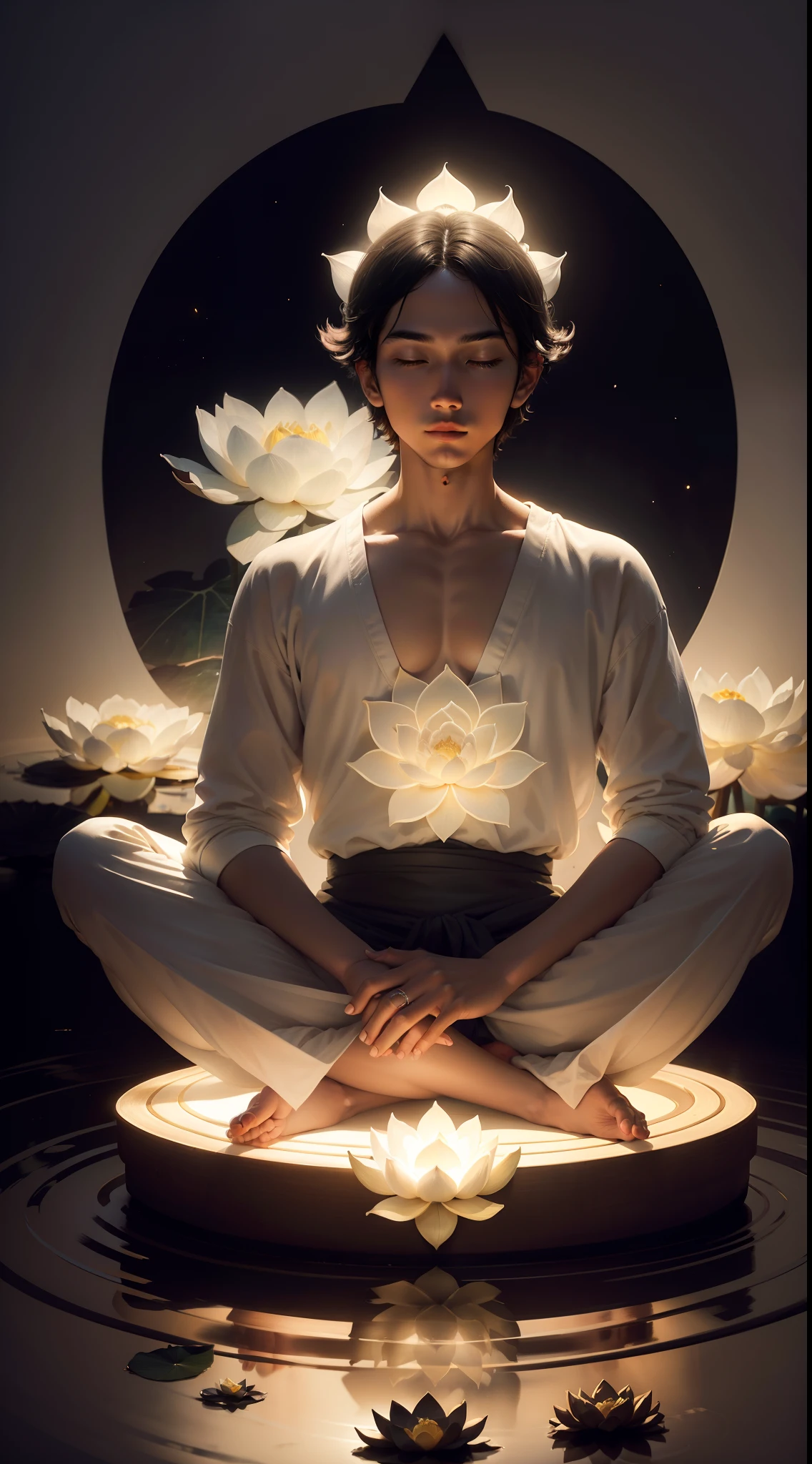 Fotografia colorida RAW de alto detalhe, Buddha in lotus position , o iluminado ,(Altamente detalhado, Hiperdetalhamento, Emaranhamento), (brilho da lente: 0,7), (florescer: 0,7), particle fx, Ray Traced, cinemac lighting, profundidade de campo rasa, fotografado com Sony a9 II, Lente grande angular de 50mm, foco nítido