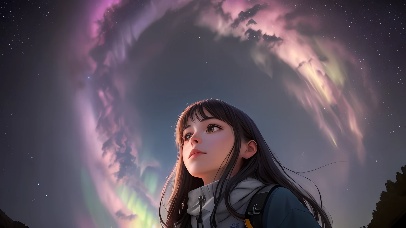 （zoomout：1.1），（meteor shower：1.2），（comets：1.1），low angles，Northern Lights Wheel，meteors，​​clouds，colorful， starrysky， As estrelas， the night， flower  field， flower bloom， nigh sky， Stargazing girl， Night theme， ultra-realistic realism， high detal， from below， from below， ultra-realistic realism， Impresionismo， best qualityer， tmasterpiece， UHD， retinas， Award-Awarded， 4K， anatomy correct， super detailing