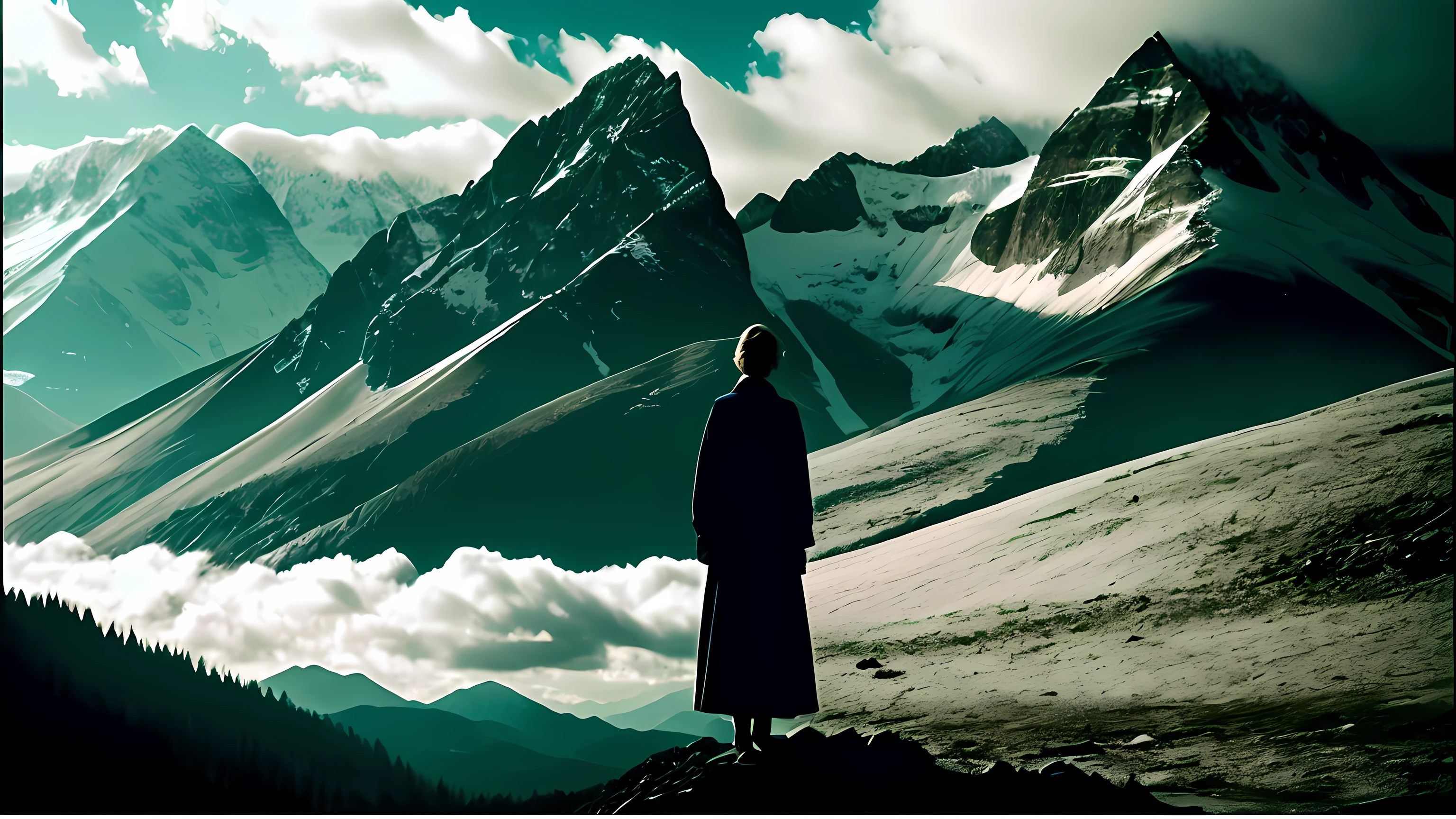 There was a woman standing on the top of a mountain looking at the mountain, mountain scene. cinematic Film still from, Still from L'Estate, Stand in front of Mt, looking at the mountains, cinematic Film still from, movie screen shot, a mountain look like a women, screenshots from movies, girl standing on mountain, cinematic Film still from, a still of an ethereal