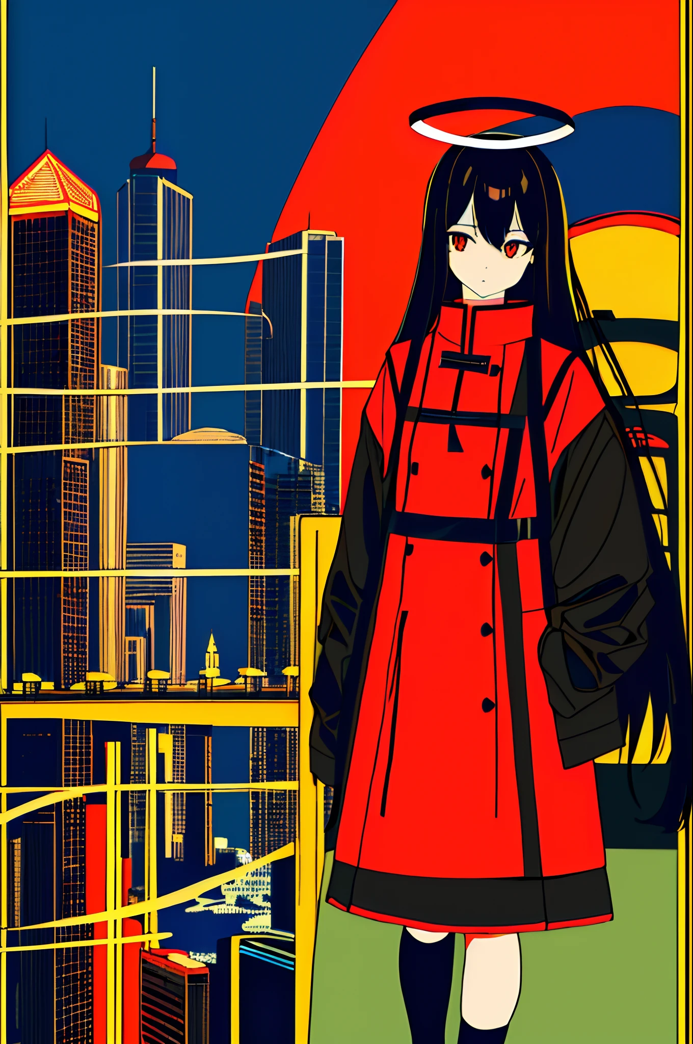 Masterpiece, Best quality, Flat color, limited palette, Low contrast, (清晰的线条), 1girll, Long straight black hair, Beautiful detailed face,Halo, Look away from the backpack, standing. Smoke, Night sky, City, Sunset, skyscrapper, bridge, road signs, Depth of field, Border, black, Red, Orange, brown, Autumn, haze，black lence stockings