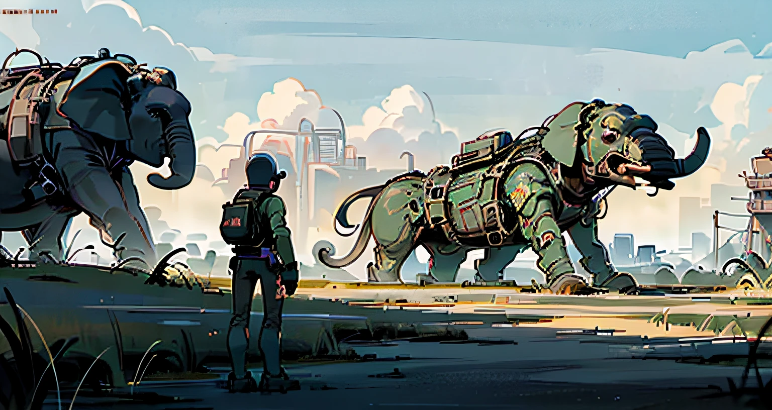 A man and a woman stand in front of a giant elephant, inspired by Simon Stalenhag, inspired by Simon Stalenhag, fallout concept art, Simon Starlenhaag color scheme, simon stålenhag. Masterpiece, Paintings by Simon Starlenhaag, simon stålenhag. Digital art, concept art scene, Flat wasteland