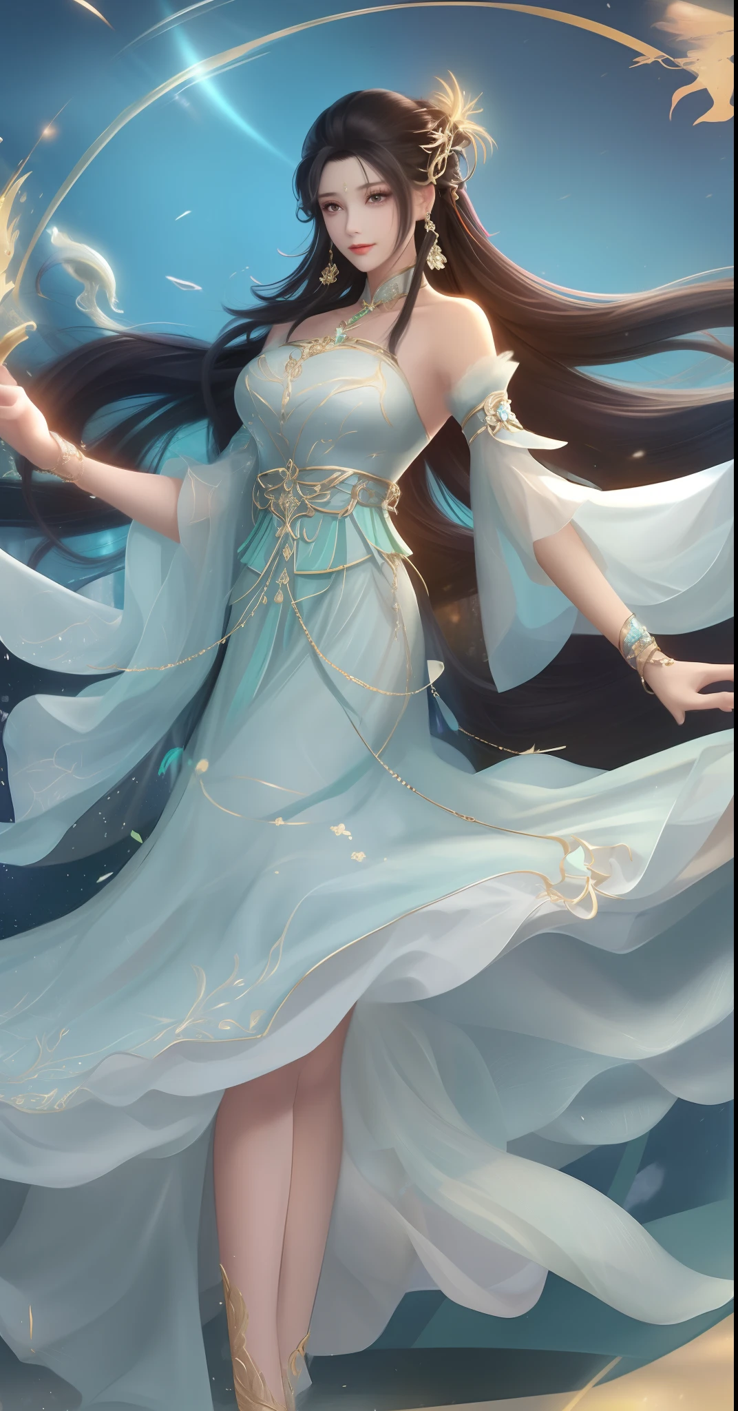 1girll, Mature female, Cityscape, Night,view the viewer, Long hair, dress,hair adornments, Bare shoulders, jewelry, Cowboy shot, Earrings, sash, Chinese clothes, Long dress, Obi, pony tails, arms back behind,