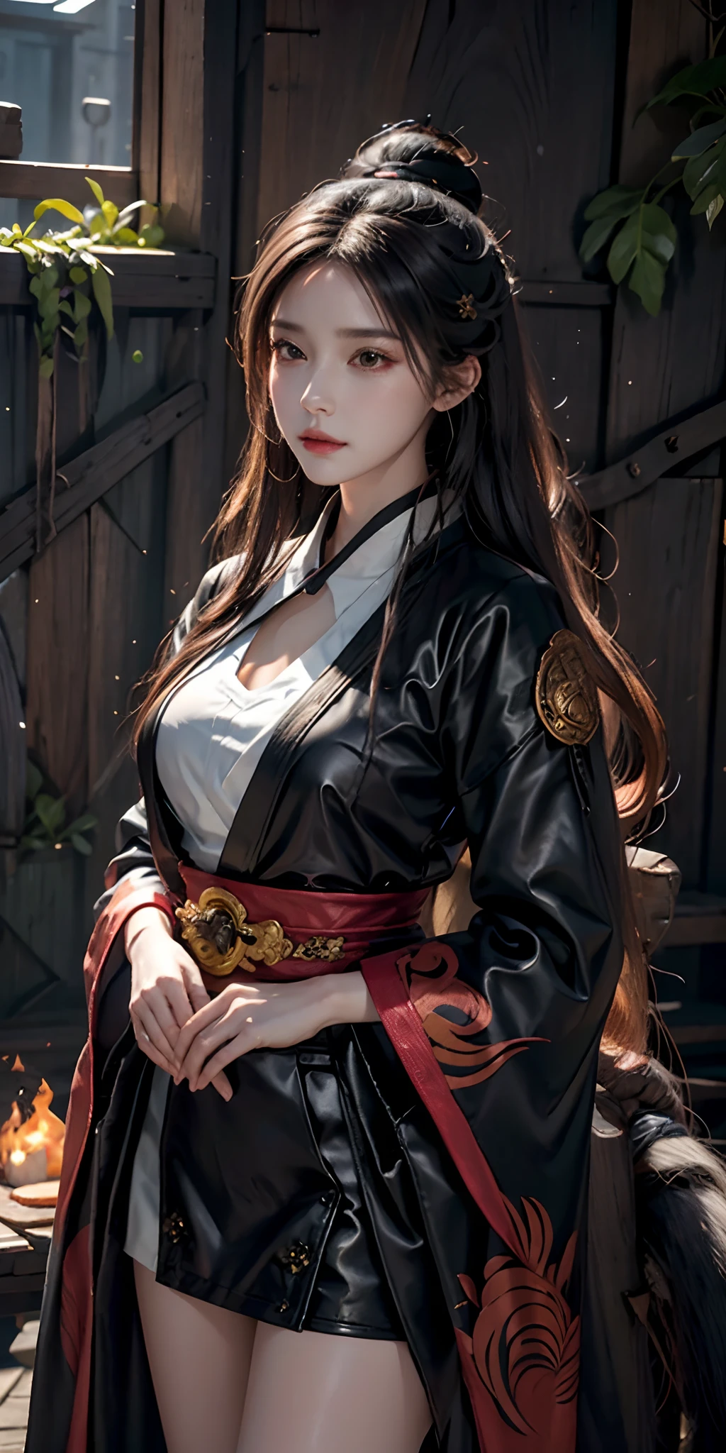 1girl,solo, official art, unity 8k wallpaper, ultra detailed, beautiful and aesthetic, beautiful, masterpiece, best quality, Kitsune witch, fox mask, haori jacket, foxfire spell, fox familiar, transformation,depth of field,