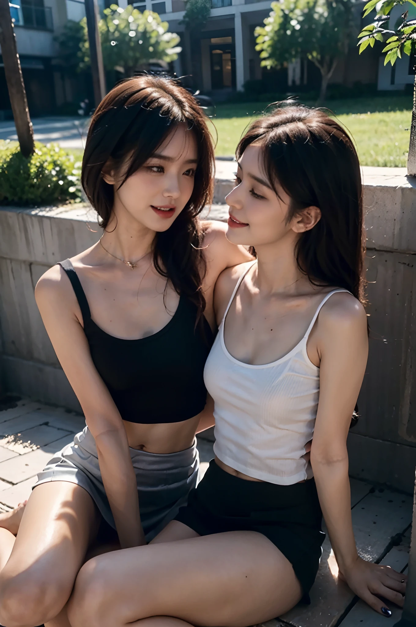 2 women having fun, lecherous:1,2, Hentai:1,2, NSFW:1,2, Lesbian Yuri:1,2, Kissing, Blushing, Wear a tank top and pleated miniskirt, Hot summer days