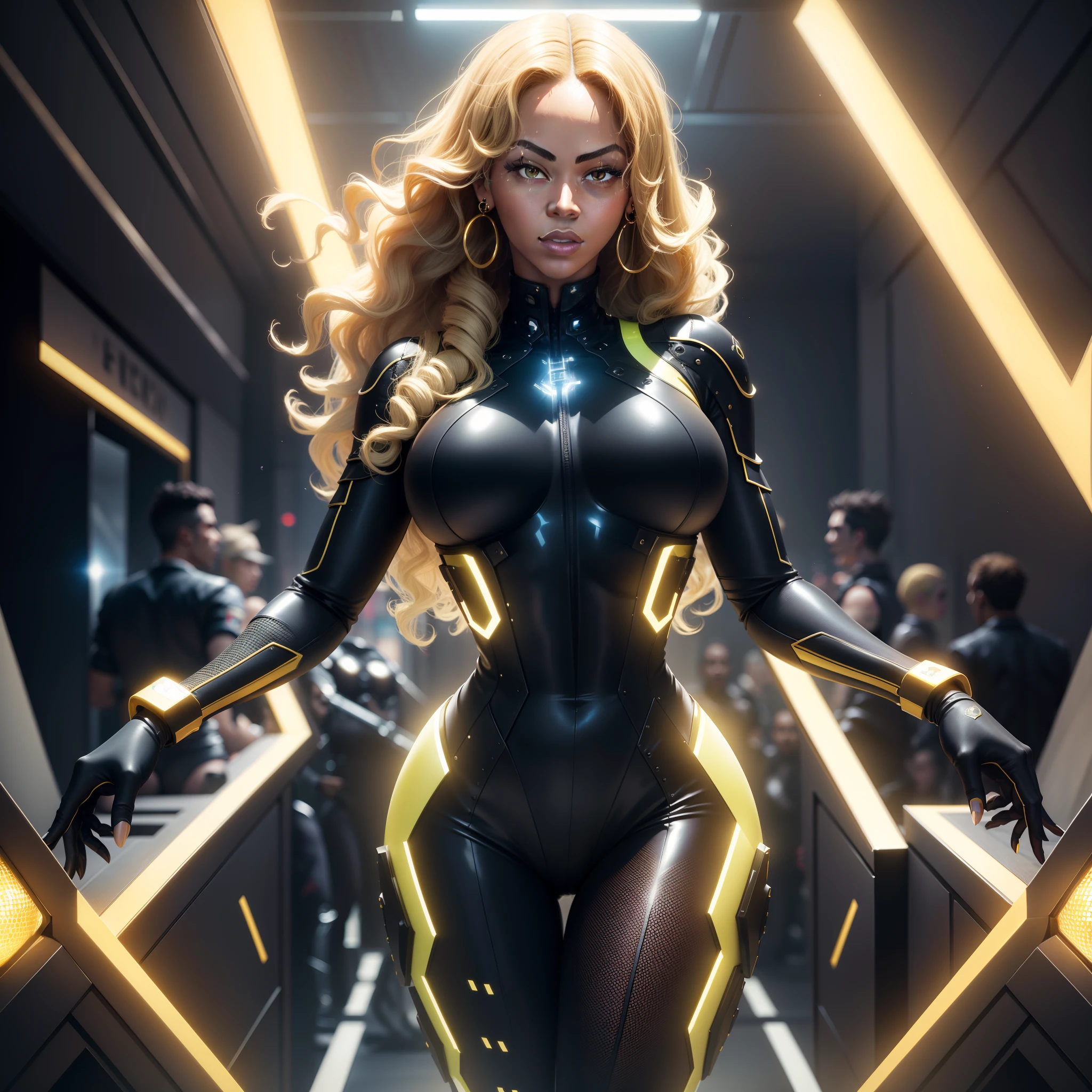 (((beyonce))) face, black skin, bee flying around, solo, alien superstar, super fine photo, portrait Unreal Engine 5 8K UHD of beautiful and aesthetic girl (beyonce 1.3), gorgeous, blonde short wavy hair, earrings, cybernetic long heel, cybernetic long glove, futuristic design, yellow neon lights details, beautiful make up, best quality, masterpiece, official art, unified 8k wallpaper, super detailed, sharp focus, dynamic pose, body parts, nightclub background, big disco ball, horse, renaissance tour, singer, mirror disco ball suiit, mirror stoned bodysuit, maio espelhado, disco