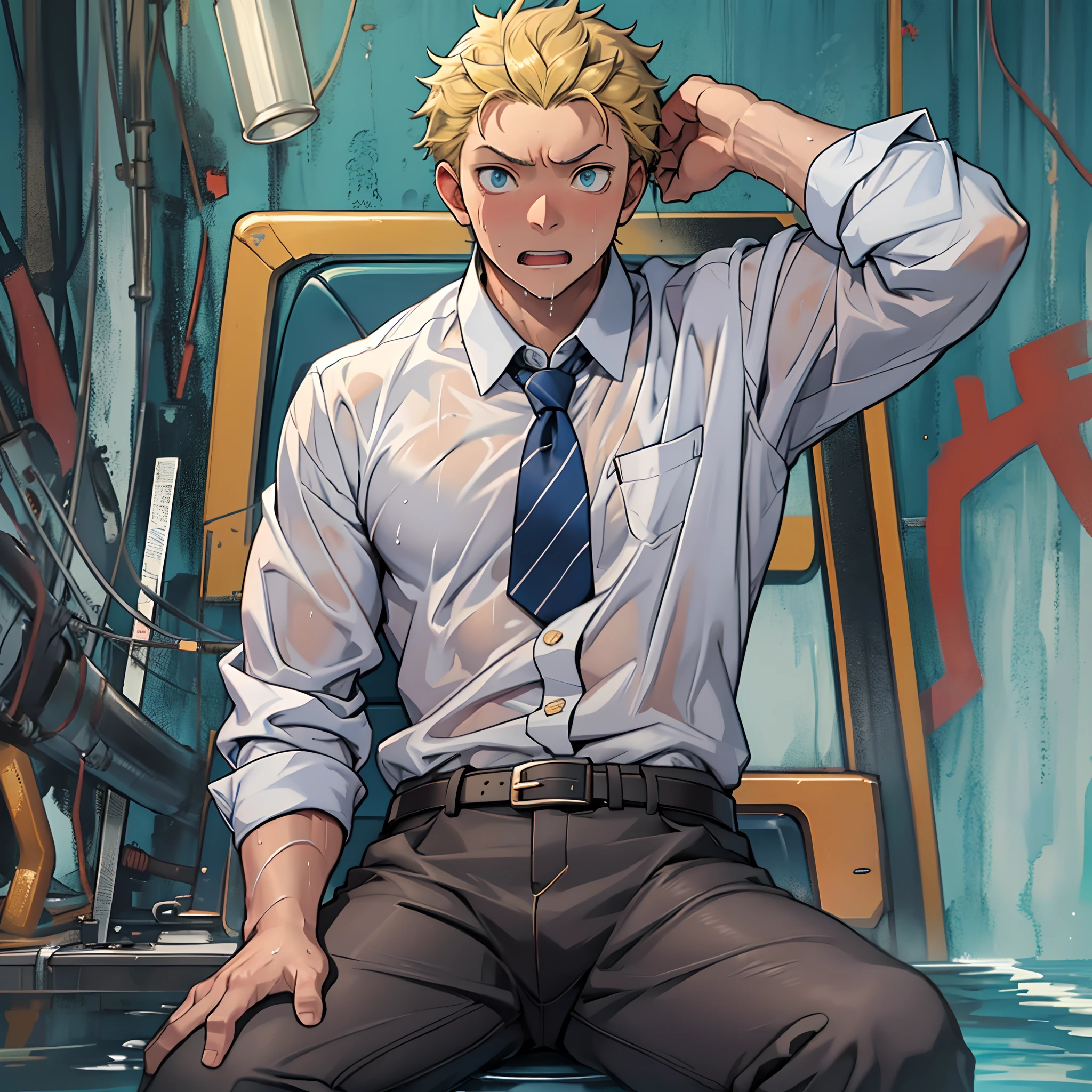 (1 Adult male),A high resolution, Sharp focus, Pixiv masterpiece, ((Complicated details)), highly detailed, natsuki_subaru, 1 man,perfect male figure,Urine on the trouser leg, Nervously bow your head,is shy,embarressed,exhilarated,is shocked,panicking,worry,A pool of urine formed around him,Very eager to pee,Unbearable,Wet yourself,Urine discharge,full bodyesbian,sit astride,Tired,decadent, blue color eyes(eyes glowing), Short yellow hair,white shirt,Wear a tie,Wear a belt,trousers,perspire,Drenched,Get wet,pissing,urine flows down the pants,look from down