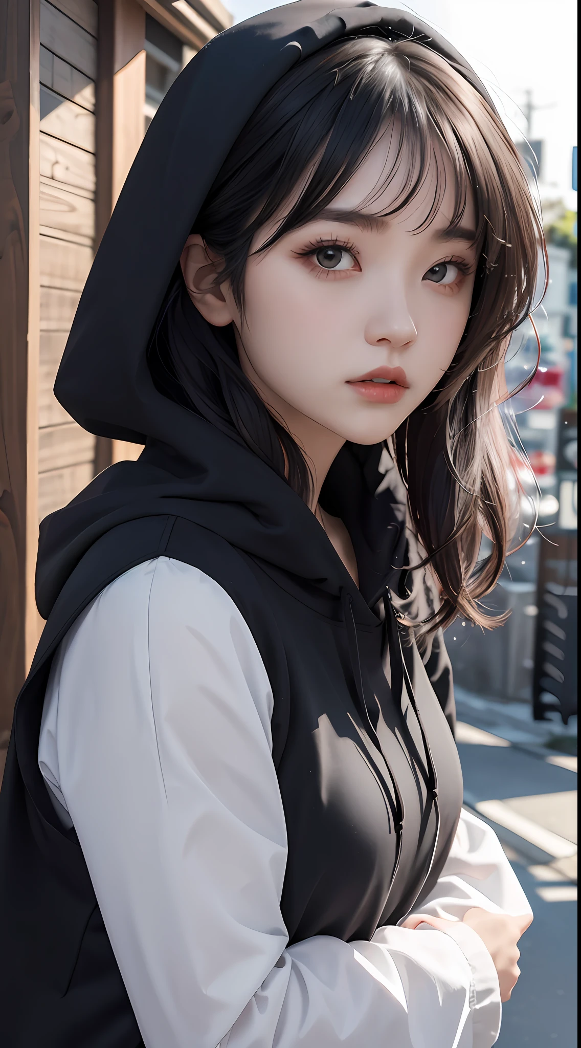 (8k、RAW Photos、top-quality、masterpiece:1.2)、(realisitic、Photorealsitic:1.37)、(photorealisim:1.4)、top-quality、a 25 year old girl、Brown hair、Black eye、kawaii pose、slim body、clean lips、Beautiful shape、Beauty、Double eyelids、japanes、Sareme、hight resolution、realistic representation of face、beautifuldetails、(High detailed skin、Skin details)、Detailed beautiful delicate face、Hooded hoodie、