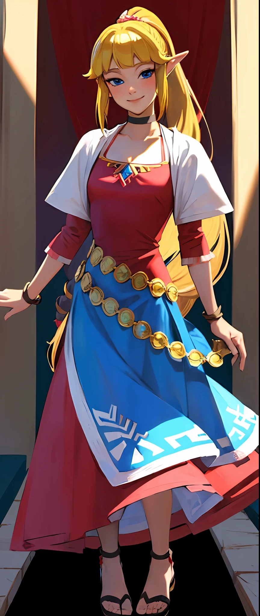 (masterpiece, best quality:1.2), (looking at viewer), princess, Zelda, red theme, long dress, blonde hair, blue eyes, palace, frills, ponytail,(blushing:0.9), (choker), (smiling:0.7), full body, sandals