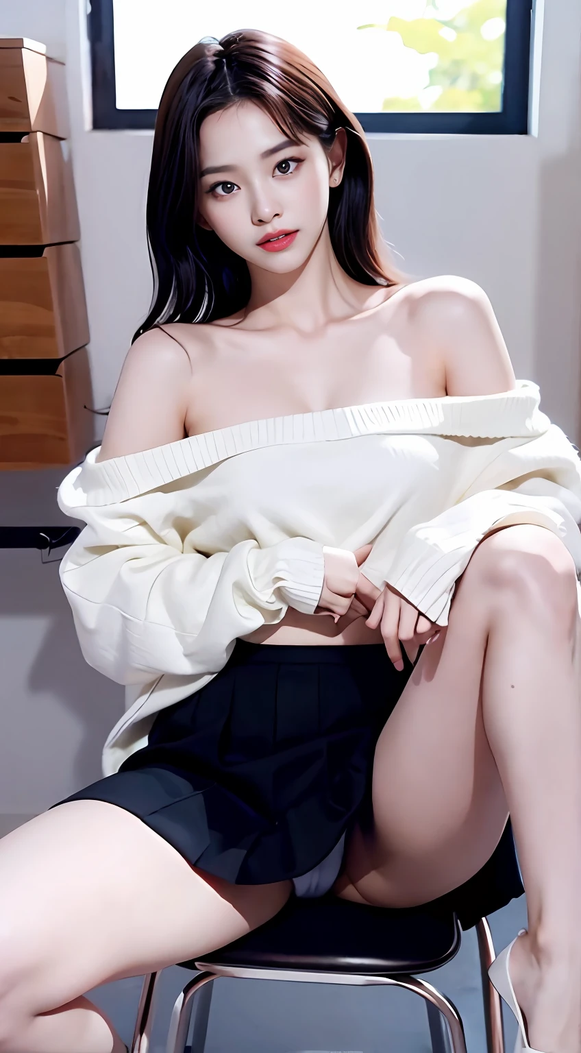 top Quority， realisticlying， 8K， k hd， 1 rapariga， Female pervert， （1.8）， Female Student， loose sweater，，Visible nipple， with no underpants， The skirt is boldly pulled up， （（sit on chair，legs are open））， bend the knees and open the legs， The hairstyle is slightly shorter， Open your legs by grasping your knees with your hands， Buttoned shirt flutters，Climax，exposing your navel，blacksilk，Shoulders exposed，Red-faced，