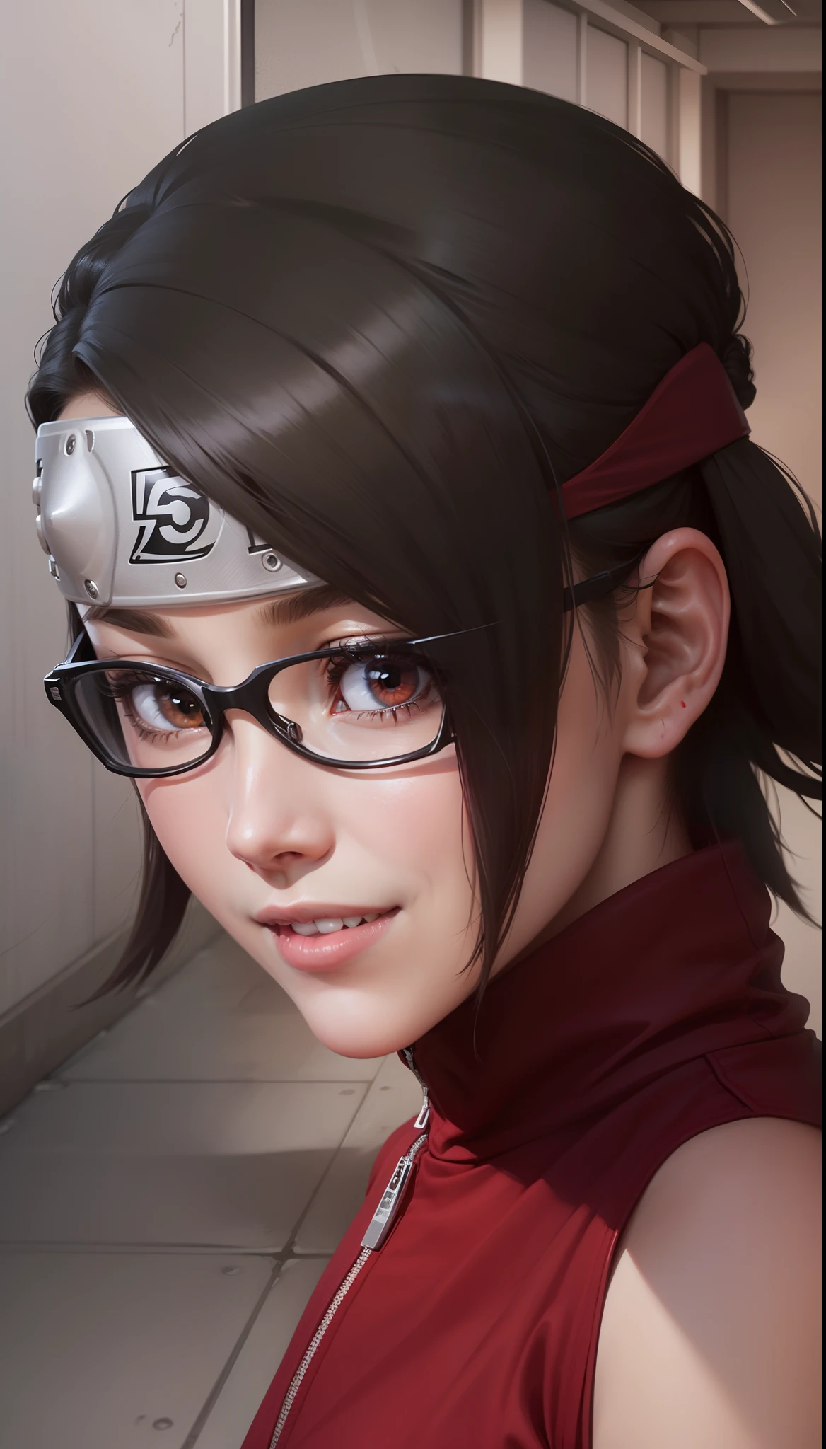 1,girls, uchiha sarada, Black eye, Red glasses, red shirt, black short hair, Naruto forehead protector,Smile feminine, realistic ultra detail 70mm lensa