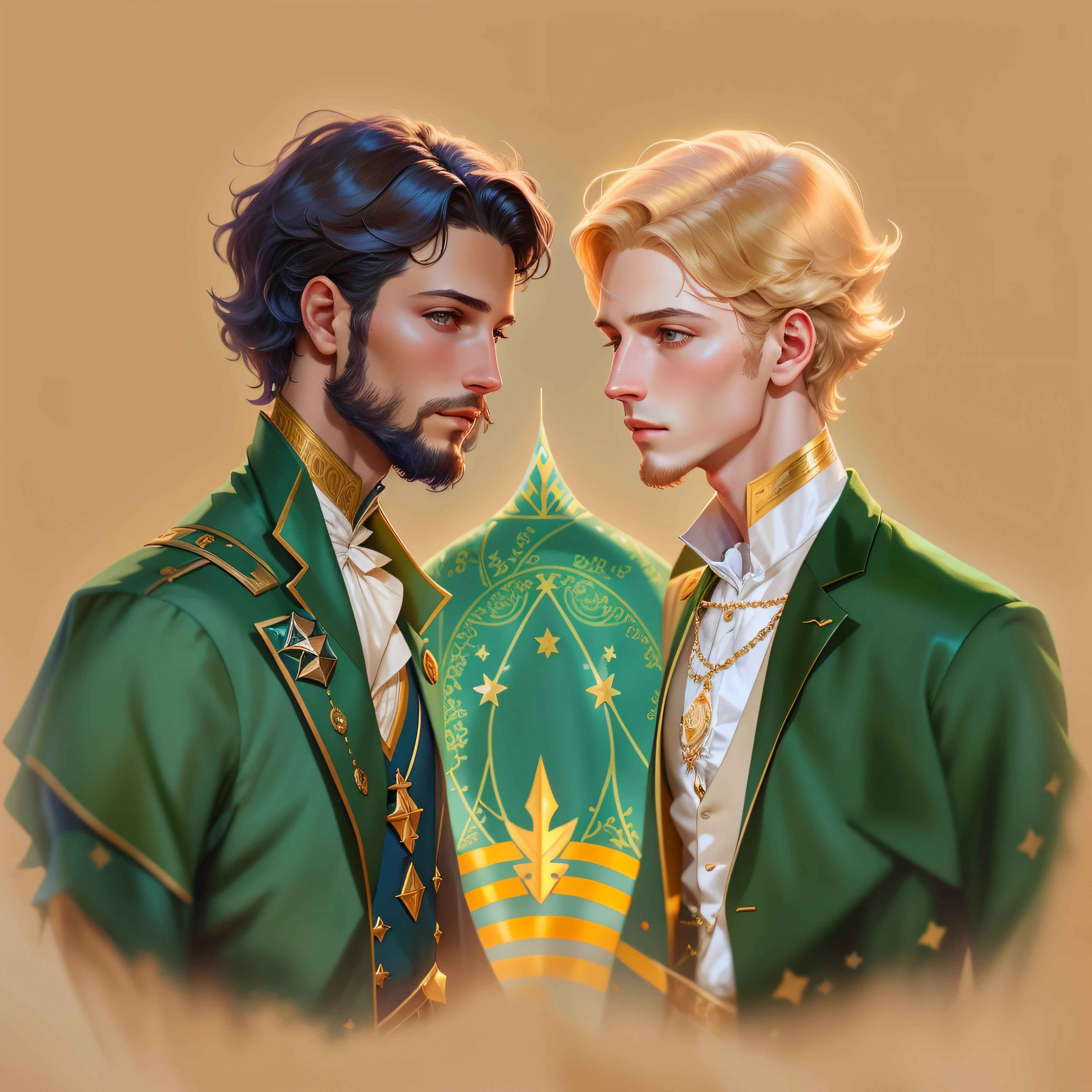There are two people who stand side by side, Edmund Blair e Charlie Bowater, Petros e Leonid, Sirius A e Sirius B, Beautiful androgynous prince, delicate androgynous prince, fanart requintada altamente detalhada, fanart detalhado, No estilo de arte de Bowater, Edgar Maxence e Ross Tran, Directed by: Alexander Sharpe Ross. There is a detailed mto crown between the two beautiful men