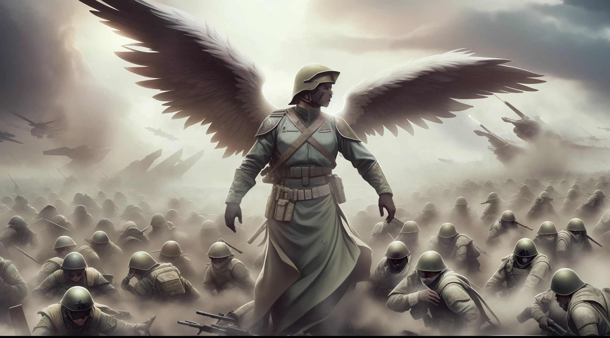 Create an epic Bataha image of the place called Armageddon, proferido no apocalipse, ambiente sombrio, muita poeira e neblina,imagem ultra realista, A battlefield with thousands of soldiers dressed as heavenly angels in battle position, thousands of soldiers in position ready to attack,, muitos soldados de branco com anjos, rosto de anjo perfeito,pele do rosto perfeita dos anjosanjos milhares deles, anjos perfeitos, lutando com armas ancestrais brilhantes, batalha do armagedom.