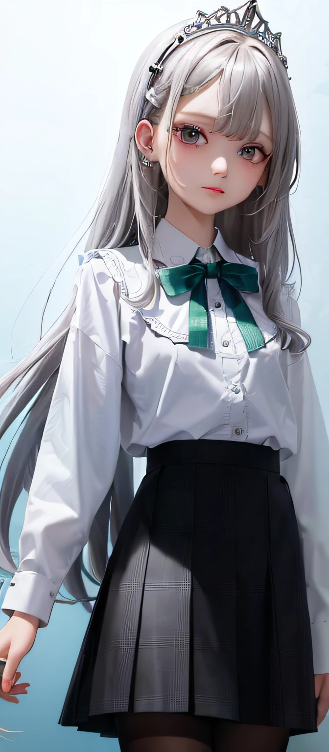 1girll, (Masterpiece:1.1), (Best quality:1.1), (White blouse:1.1), (checkered skirt:1.1), school uniform, high waisted skirt, Break [Blue:Pink:0.5] Theme, (Gradient background:1.1), Cowboy shot, Break Silver Hair, Long hair, , Green eyes, intricate detailed tiara, Looks to the side,
