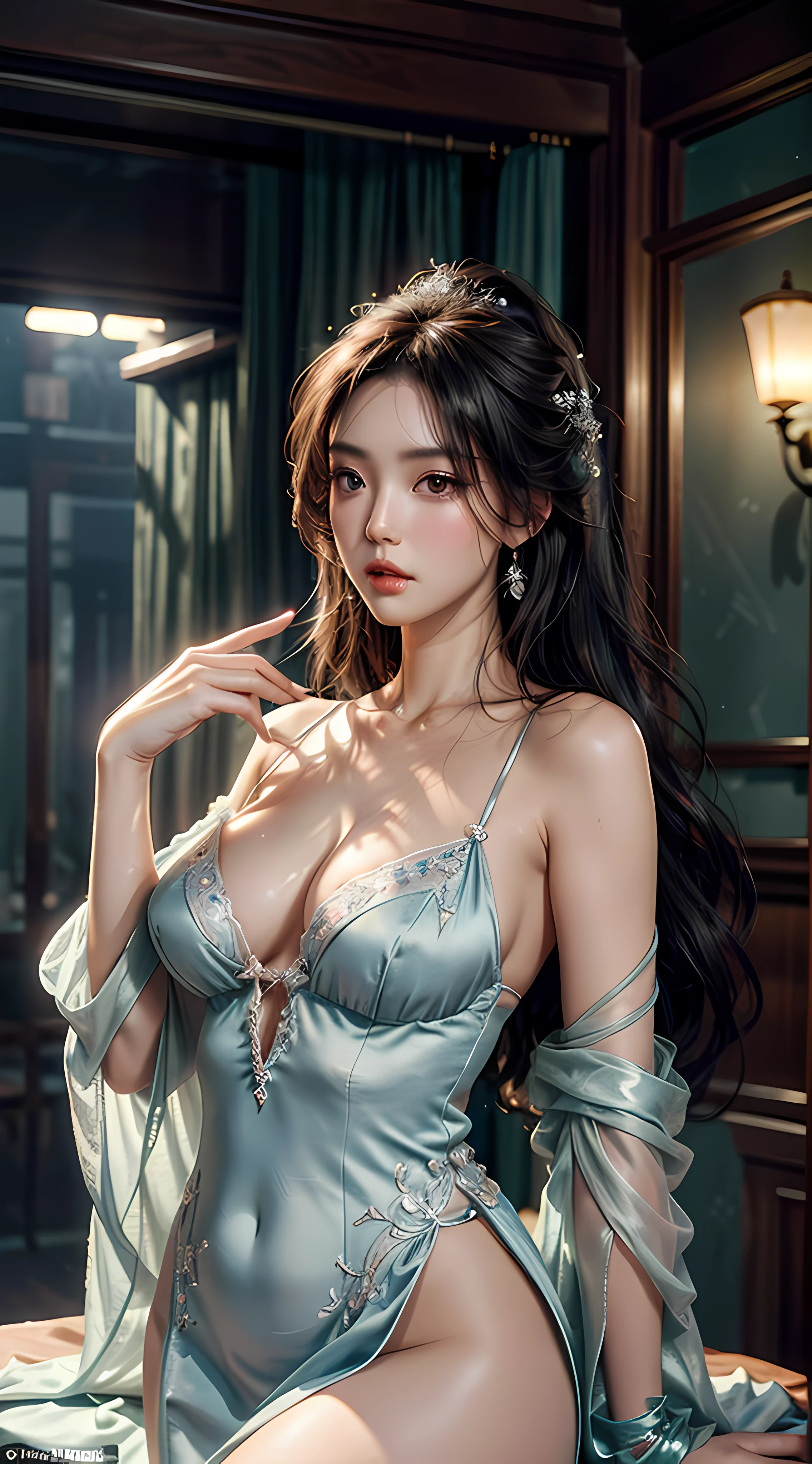 Perfect body，Perfect Finger，Don't leave your body，Art depicts a charming woman，Wearing tulle、flowy、Silky black silk，，Decorated with intricate patterns and bright colors。Her dress draped elegantly over her curvy figure，Highlights her seductive silhouette。She stood gracefully in the quiet moonlit night，bathed in the soft glow of the moonlight。The scene exudes an ethereal and dreamy atmosphere，With a touch of mystery and sexiness。The image style incorporates watercolor and digital illustration techniques，It evokes a refined beauty and charm。The lights are filled with soft moonlight，casting soft highlights and shadows on her charming features。Bare thighs，Bare-chested，more big，Perfect body，Perfect Finger，Don't leave your body，Art depicts a charming woman，Wearing tulle、flowy、Silky black silk，，Decorated with intricate patterns and bright colors。Her dress draped elegantly over her curvy figure，Highlights her seductive silhouette。She stood gracefully in the quiet moonlit night，bathed in the soft glow of the moonlight。The scene exudes an ethereal and dreamy atmosphere，With a touch of mystery and sexiness。The image style incorporates watercolor and digital illustration techniques，It evokes a refined beauty and charm。The lights are filled with soft moonlight，casting soft highlights and shadows on her charming features。Bare thighs，Bare-chested，more big，Has a large，Three-dimensional facial features，sitted，clothing drop、The entire upper body is exposed
Has a large，Three-dimensional facial features，sitted，your legs