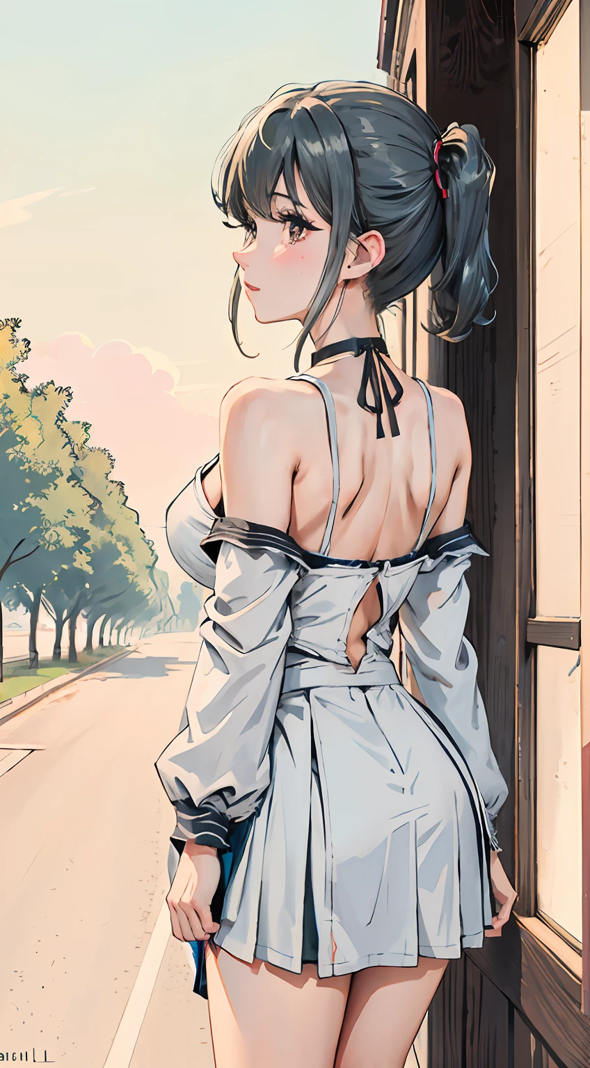 absurderes, 1girll, , (Realistis:1.5), (tmasterpiece, the Extremely Detailed CG Unity 8K Wallpapers, best qualtiy, A high resolution:1.2), (Supergianthugebreasts_Detailed, hyper HD:1.2), lighting perfect, distinctive, (1girll:1.4), Turn your back to the audience, unreal-engine, Sideslit, Perfect back,Perfect waist,perfect hips, Perfect body, (Bright Skin:1.4), idoly, ulzang-6500-v1.1,,((mediuml breasts )),(a narrow waist),(blond hairbl,dual horsetail),((in a school)),(choker necklace),((Camelier top,Superskirt)),(The shoulder straps slip off),((park bench,)),,upper legs,upper legs,upper legs(full bodyesbian:1.4),()),,Peck the corners of the mouth,silver earring,