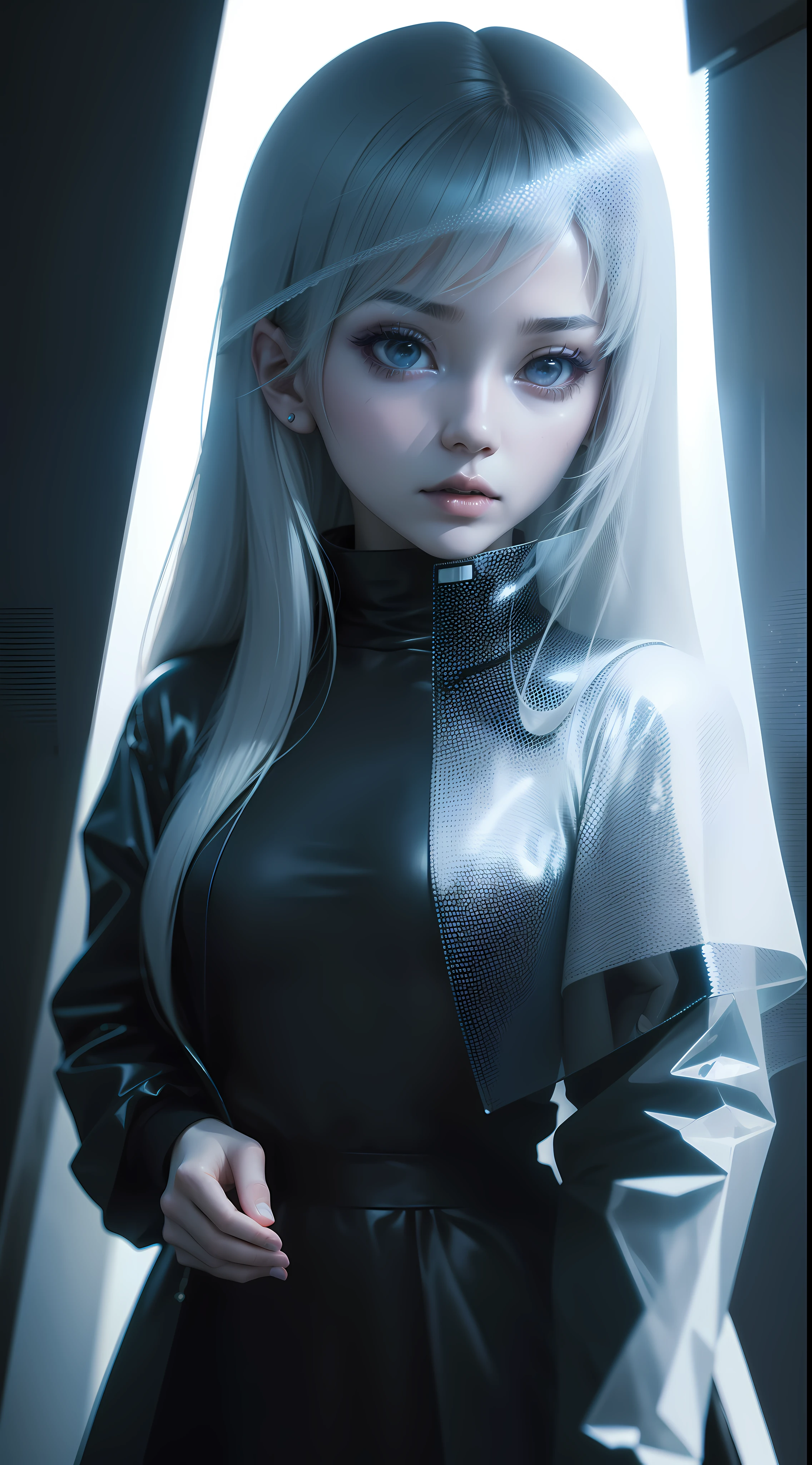a close up of a person holding a cell phone, still from a music video, movie still of the alien girl, yukii morita, crystal castles, transparent veil, modeling photograph kerli koiv, discord profile picture, dsrl photo, movie still of a cyborg, lower quality, gauze, young glitched woman, eiko hosoe