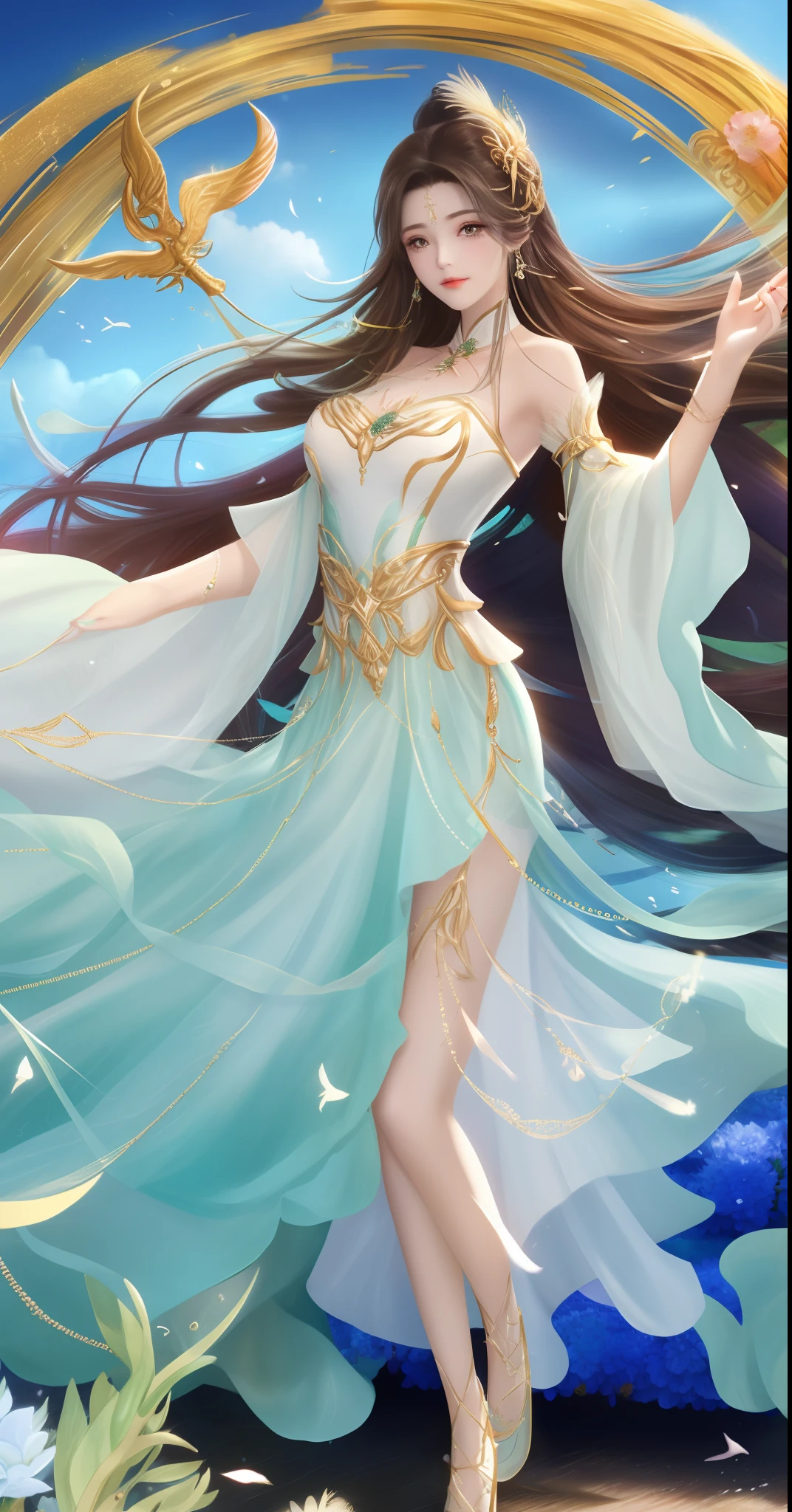Under the bright spring sun，A goddess in ancient costume dressed in gorgeous Hanfu，Standing quietly in the sea of flowers in the mountains and rivers。Her face is beautiful，Like an orchid in the valley，Immortal overflowing。Dressed in a lilac silk dress，With a gentle swing，It gives a dreamlike feeling。

Her hair was coiled，Decorate with golden and emerald hairpins，Elegant and dignified。The tassels on the forehead shine in the sun，It further highlights her noble temperament。Her eyes were like a clear lake，It's a year to be。

The surrounding sea of flowers is like a huge picture，Flourishing peonies、Delicate lilies、Fragrant jasmine intertwined，A colorful ocean is formed。Floral fragrance pervades，Intoxicating。The goddess stands quietly in the sea of flowers，As if one with these flowers，It's like a perfect landscape painting。

Sunlight shone on her face through the gaps in the leaves，It was like putting a soft glow on her。A fresh breeze blew through，Her long dress fluttered in the wind，Like a fairy under mortals。Butterflies dance among the flowers，It seems to be offering her a beautiful dance。

The whole scene is breathtakingly beautiful，It's like a wonderland on earth。The goddess of Hanfu costume stands in the sea of flowers in the mountains and rivers，It gives the feeling of traveling through time and space，Let people immerse themselves in this beautiful picture。