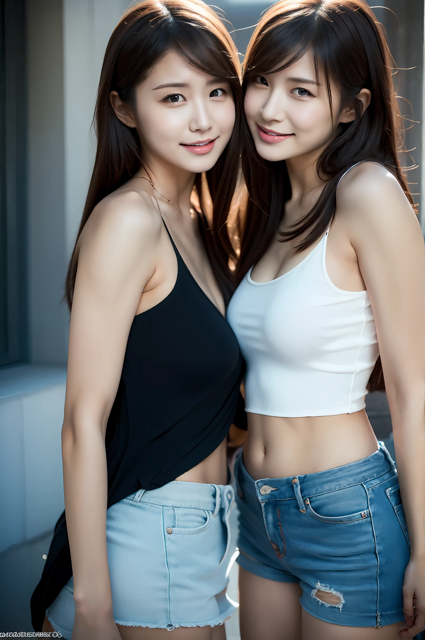 Two cute Japanese women、 (topless, Denim trousers), Small breasts, ((she)), Blonde Updo、 Glowing Eyes, Red nose, Carl Larson, Alphonse Mucha, Chiaroscuro, Movie Glen, reflected light, (((Long Shot))), From knee to top,Long Shotショー (((whole body))), masterpiece, Attention to detail, ((Gray background ))、Belly Piercing、Detailed face、((smile))
