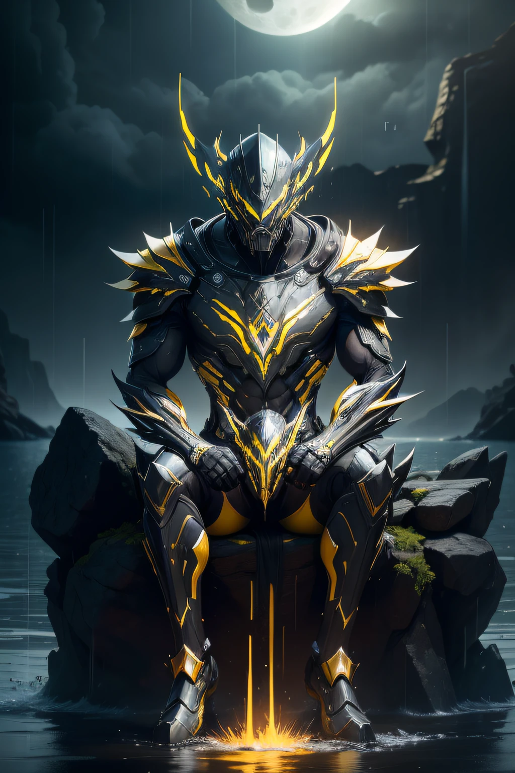 8K, realism, ultra resolution, Volt warframe body, berserk body, yellow lines on hands, toothy jaw, claws, yellow white coloring, lighting eyes, day, sit near sea, heavy armor, enchanted fantastic mask, rain behind, pointed shoulders, berserk aura, watching on moon, holds in hand Atom