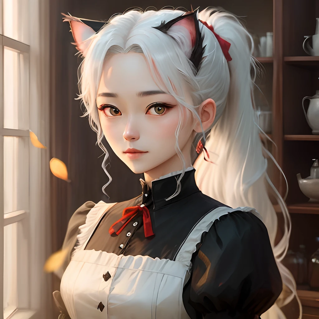 Cat-eared white-haired red-eyed maid with double ponytail