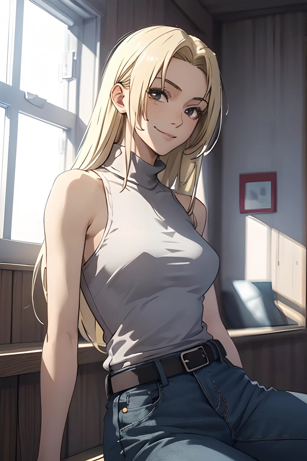 YukiTsukumo, 1girl, solo, long hair, smile, blonde hair, shirt, bare shoulders, sitting, sleeveless, belt, pants, indoors, black shirt, mole under eye, window, turtleneck, denim, backlighting, sleeveless turtleneck,