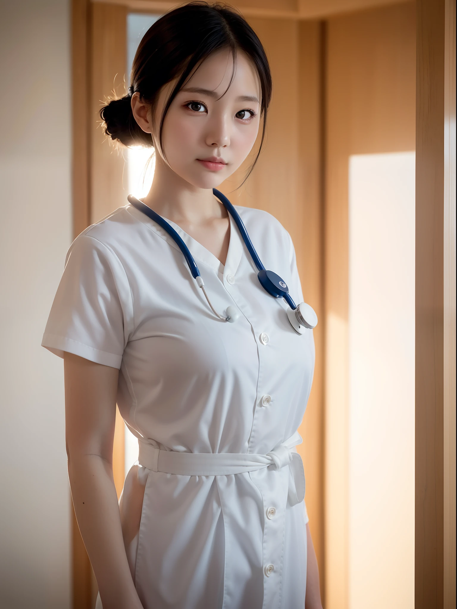 1girl in, a matural female, Nurse, Low steamed bun, Photo, Realistic, Best Quality, Hires, Detailed face, full bodyesbian, Hospital, Detailed background, diffuse sunlight, depth of fields, Bokeh