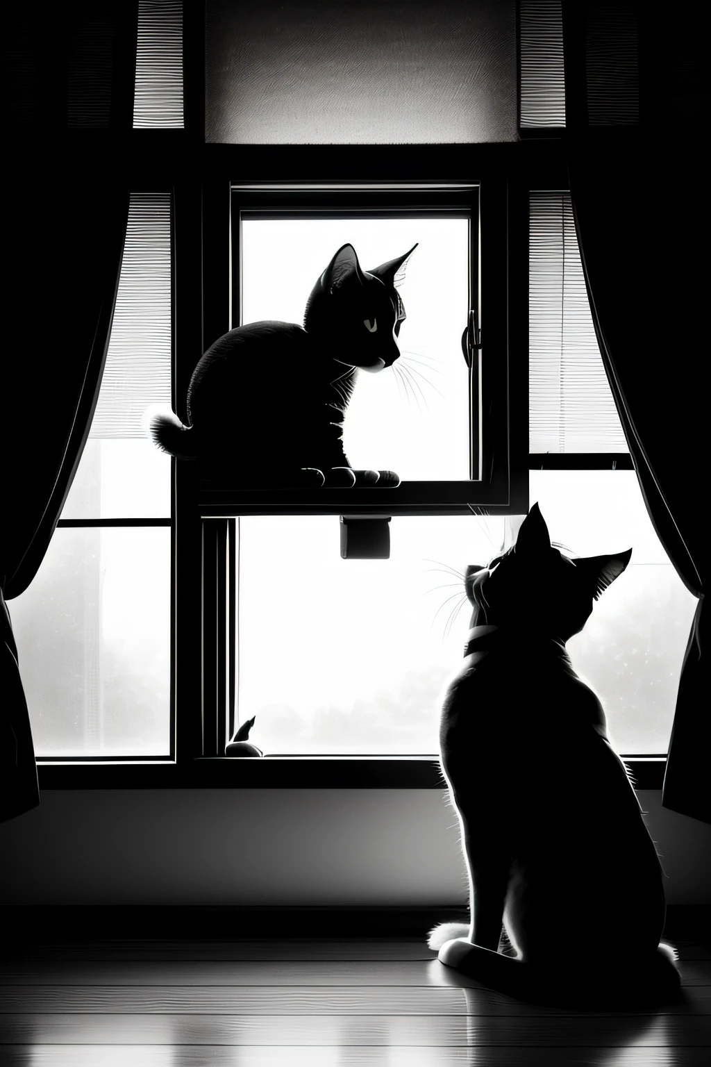 There are two cats sitting on a window sill looking out, Look in the window, Cat silhouette, Look outside, cat photo, two cats, Looking out the window, They are watching, looking out the window, cat photo, Silhouette of a girl and a cat, Cat on the windowsill, Meet the cat, window, Open Windows