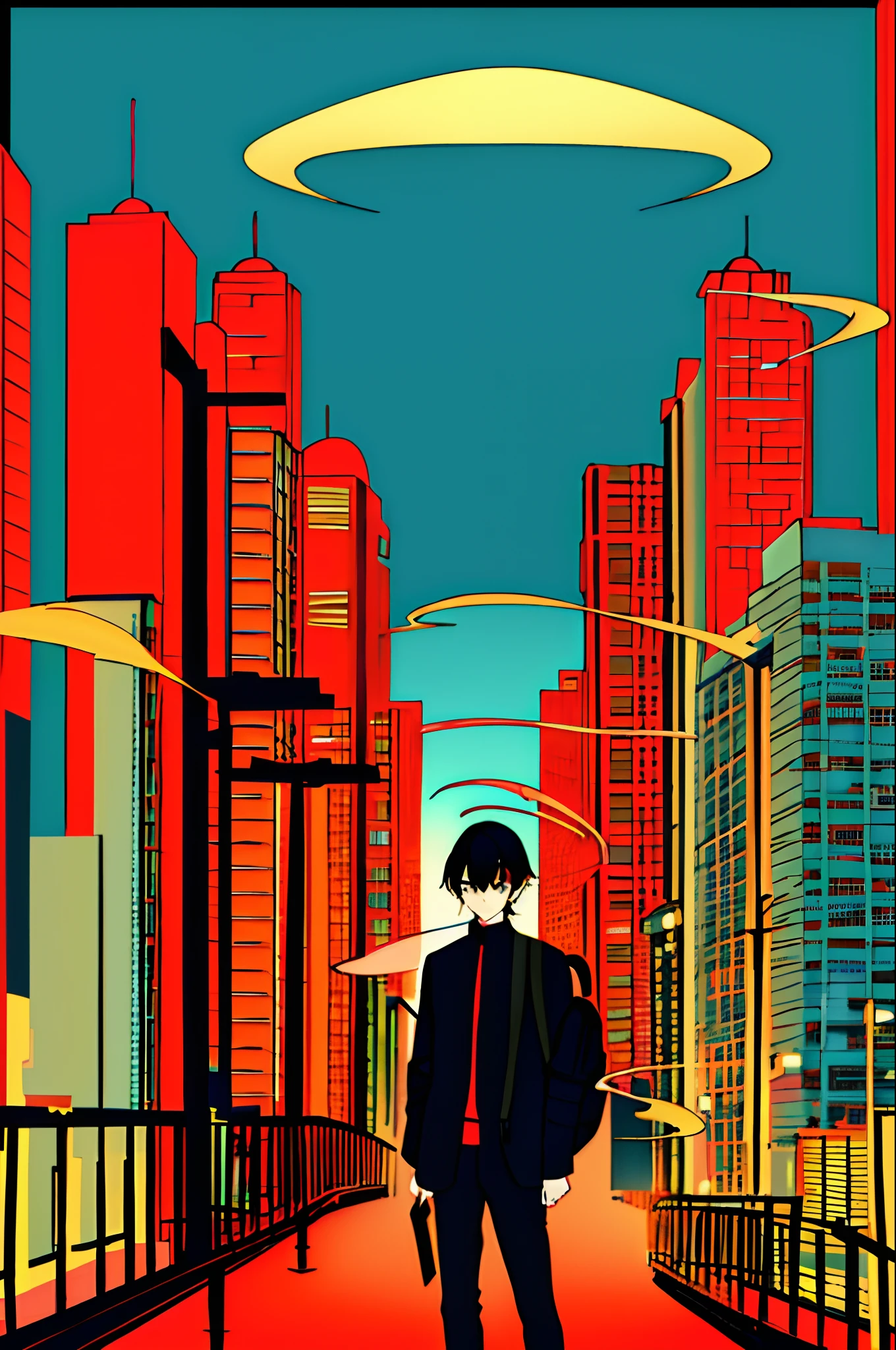 Masterpiece, Best quality, Flat color, limited palette, Low contrast, (清晰的线条), 1boys, Black color hair, Beautiful detailed face,Halo, Take your eyes off your backpack, Naked boy standing. Smoke, Night sky, City, Sunset, skyscrapper, bridge, road signs, Depth of field, Border, Naked male black, Red, Orange, brown, Autumn, haze，