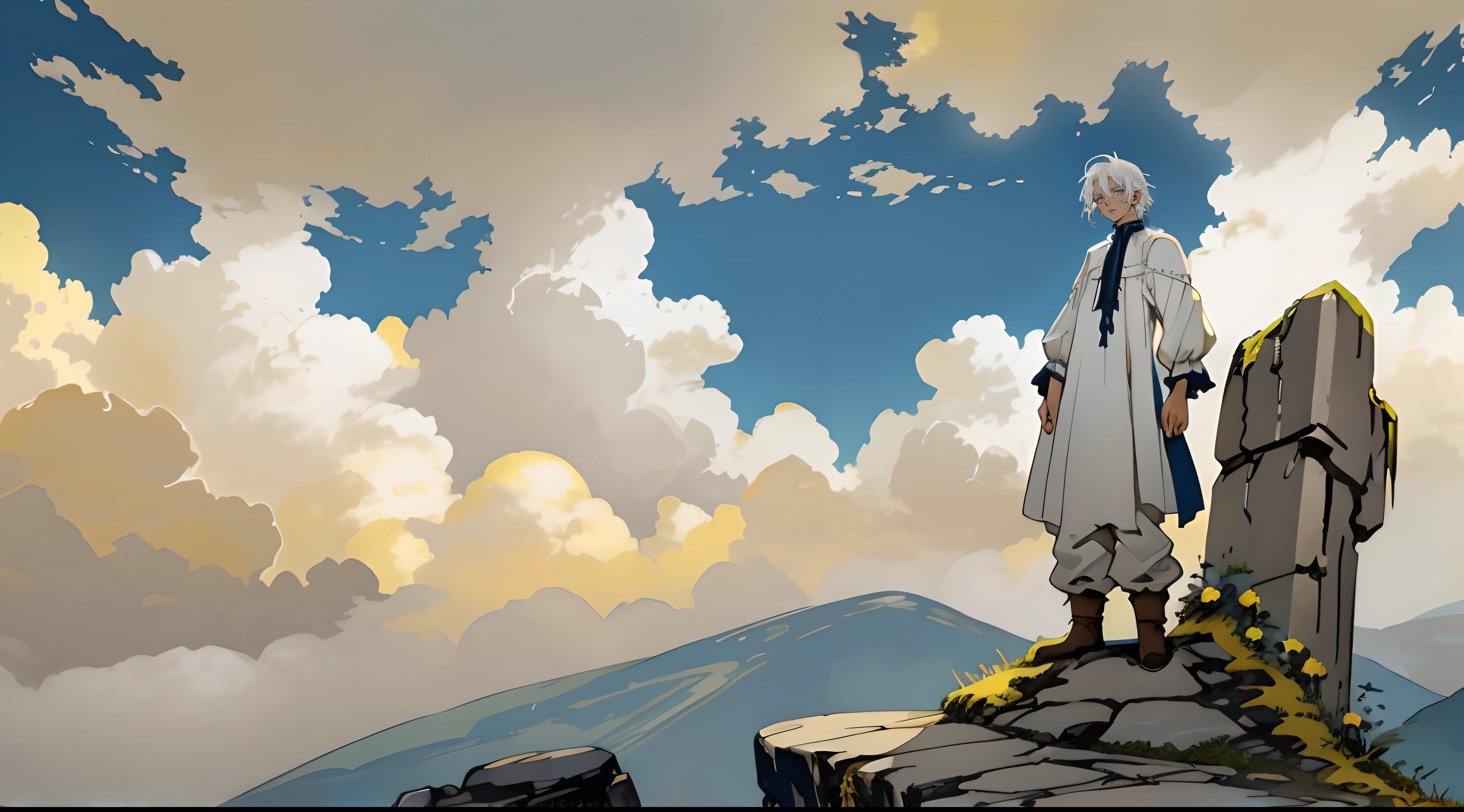 cut-in, A young man with white hair and blue eyes with very old dresses and wearing pants stand alone on top of the rock and looking to clouds, In ancient times, yellow old dresses
