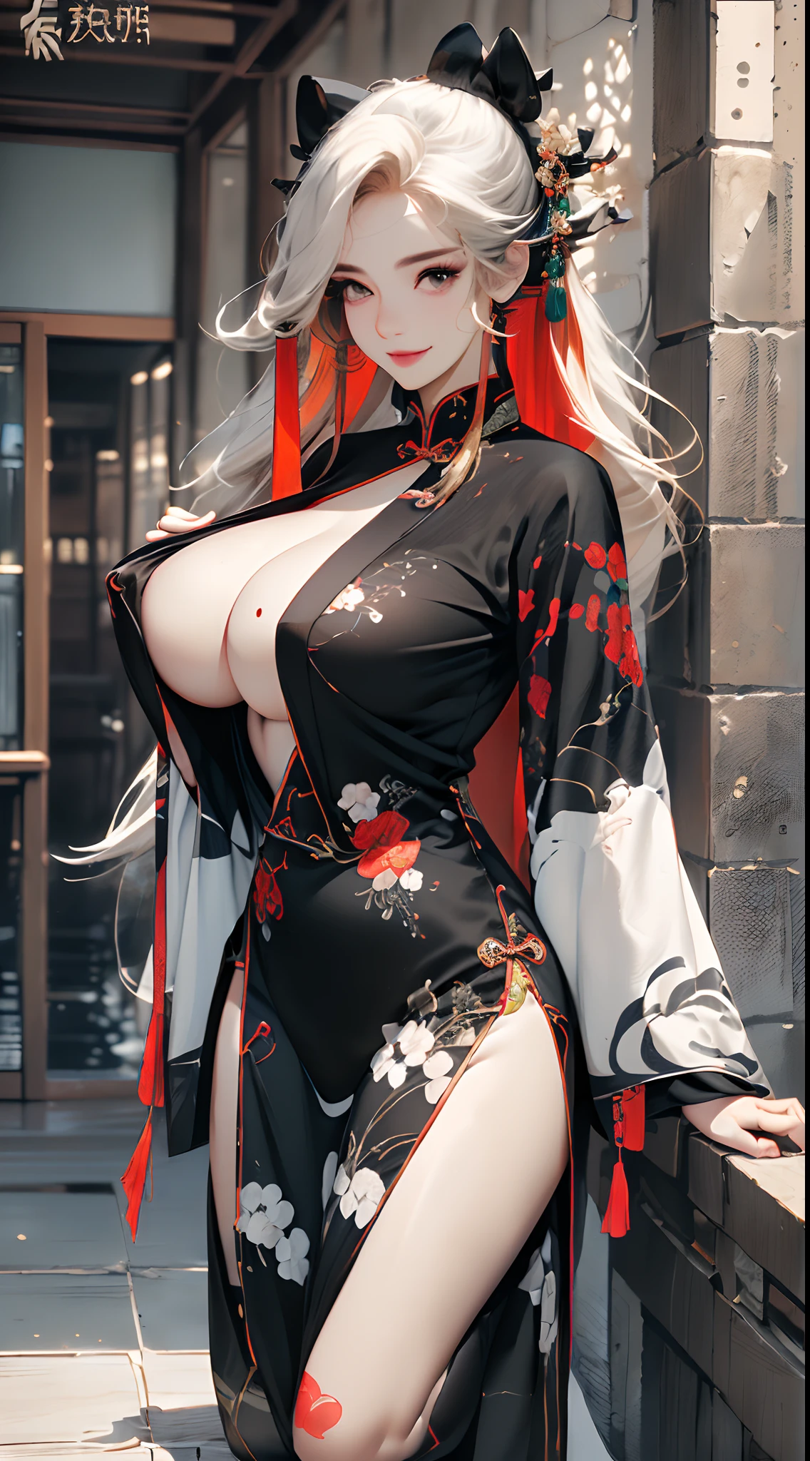((top-quality,photorealestic,Realistic 8K, tmasterpiece: 1.3)), ((Full body like:1:2)),Telescopic shot: 1.4,Delicate, (( perfect bodies)),((Bigchest)),((Chinese style buildings)),red color Hanfu: 1.1, Highly Detailed Face and Skin Textur,Cover your breasts, Whitens the skin, ((cabelos preto e longos:1:1)), Smile back,