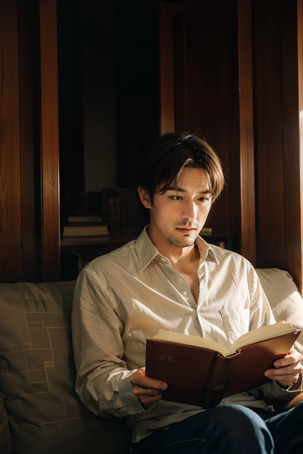 A Western man reads a book。