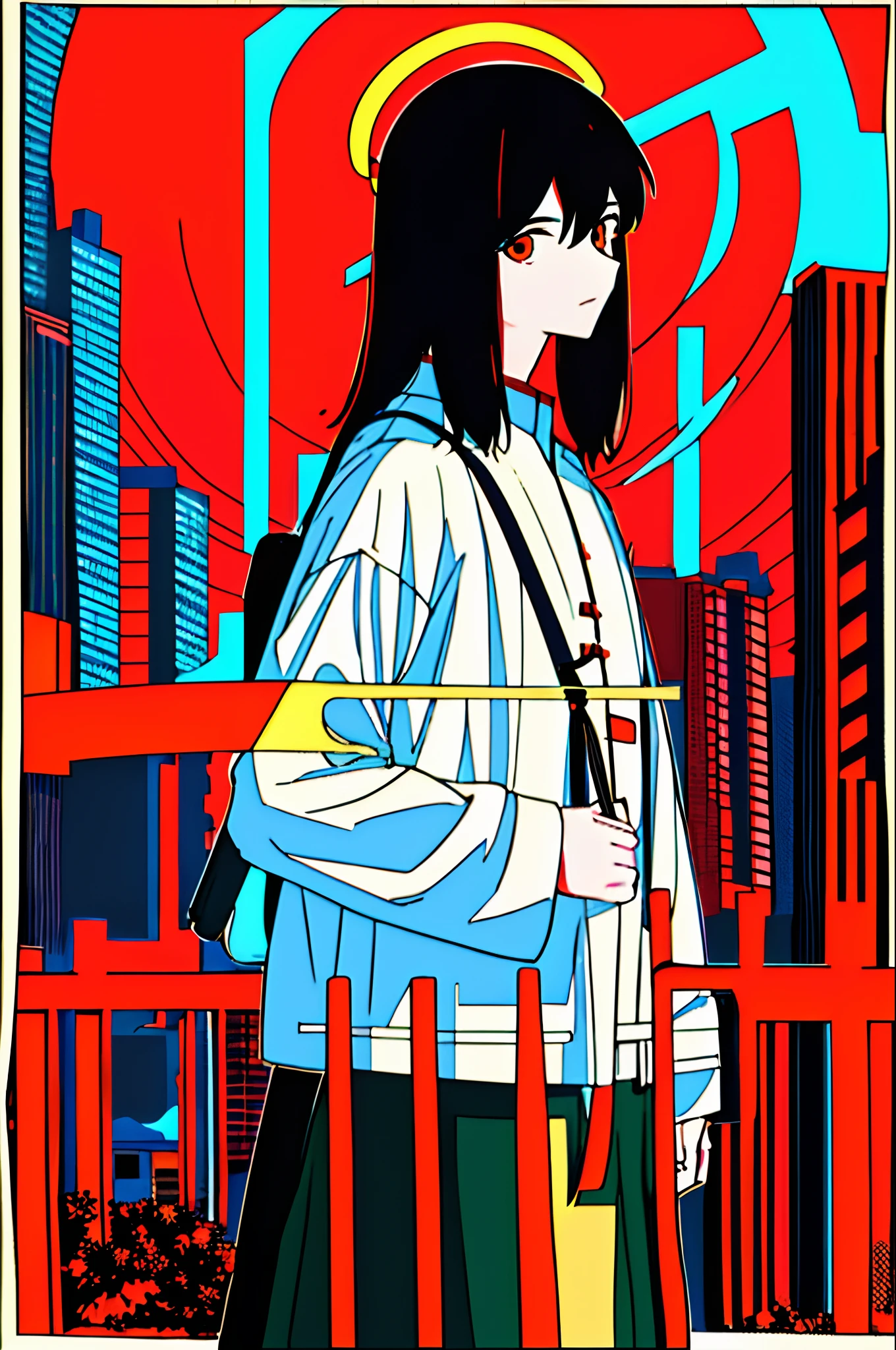 Masterpiece, Best quality, Flat color, limited palette, Low contrast, (清晰的线条), 1boys, Black color hair, Beautiful detailed face,Halo, Take your eyes off your backpack, Naked boy standing. Smoke, Night sky, City, Sunset, skyscrapper, bridge, road signs, Depth of field, Border, Naked male black, Red, Orange, brown, Autumn, haze，