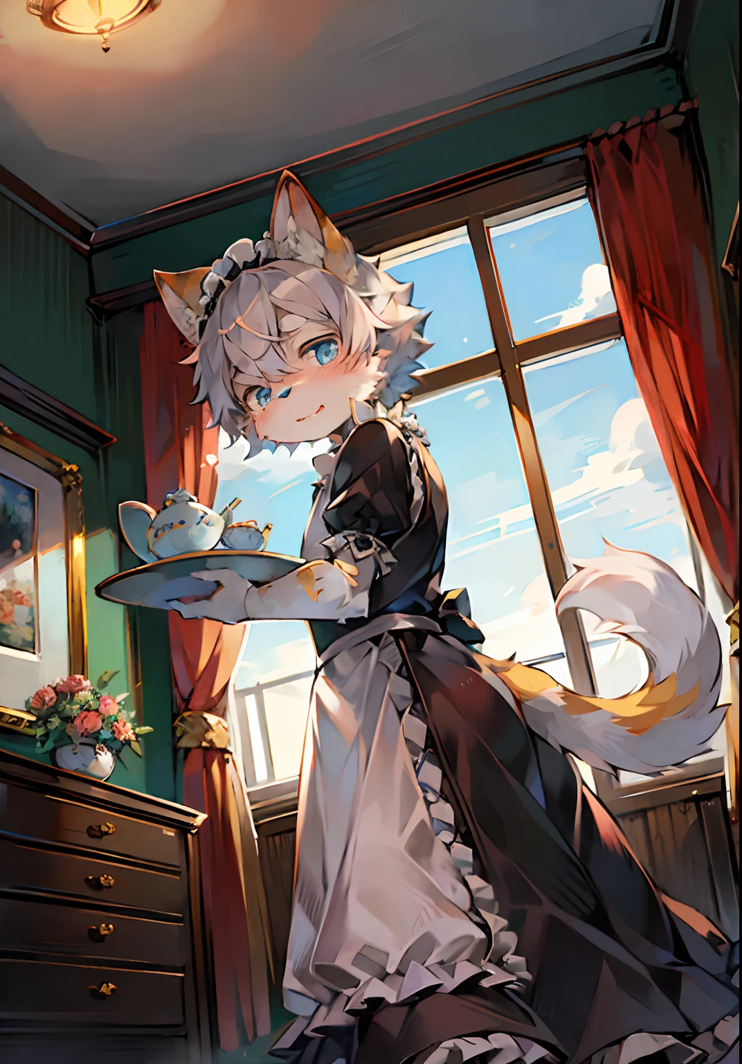 "Masterpiece,high qulity,abstract res,digitial painting(artwork of a),by Dagasi,Yupa,Kiyosan,anthro,Fluffy fur,Character focus:1.1,anthro male cat,Short hair,Portrait,eyes with brightness,in a panoramic view,Character focus,detailedbackground:0.7,独奏,shaggy,shaggy male,malefocus,anthr,Full Body Furry,Fluffy tail,White fur,Ice blue eyes,Gray hair:1.2,felid, the maid outfit:1.2,interiors、Bedrooms:1.1"