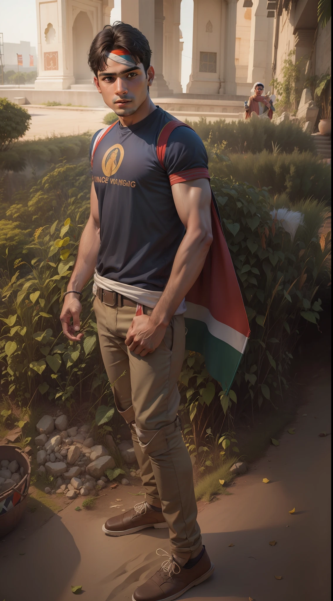 Change the background, make a 25 years old young boy , holding an Indian flag in hand, realistic face 8k ultra realistic.