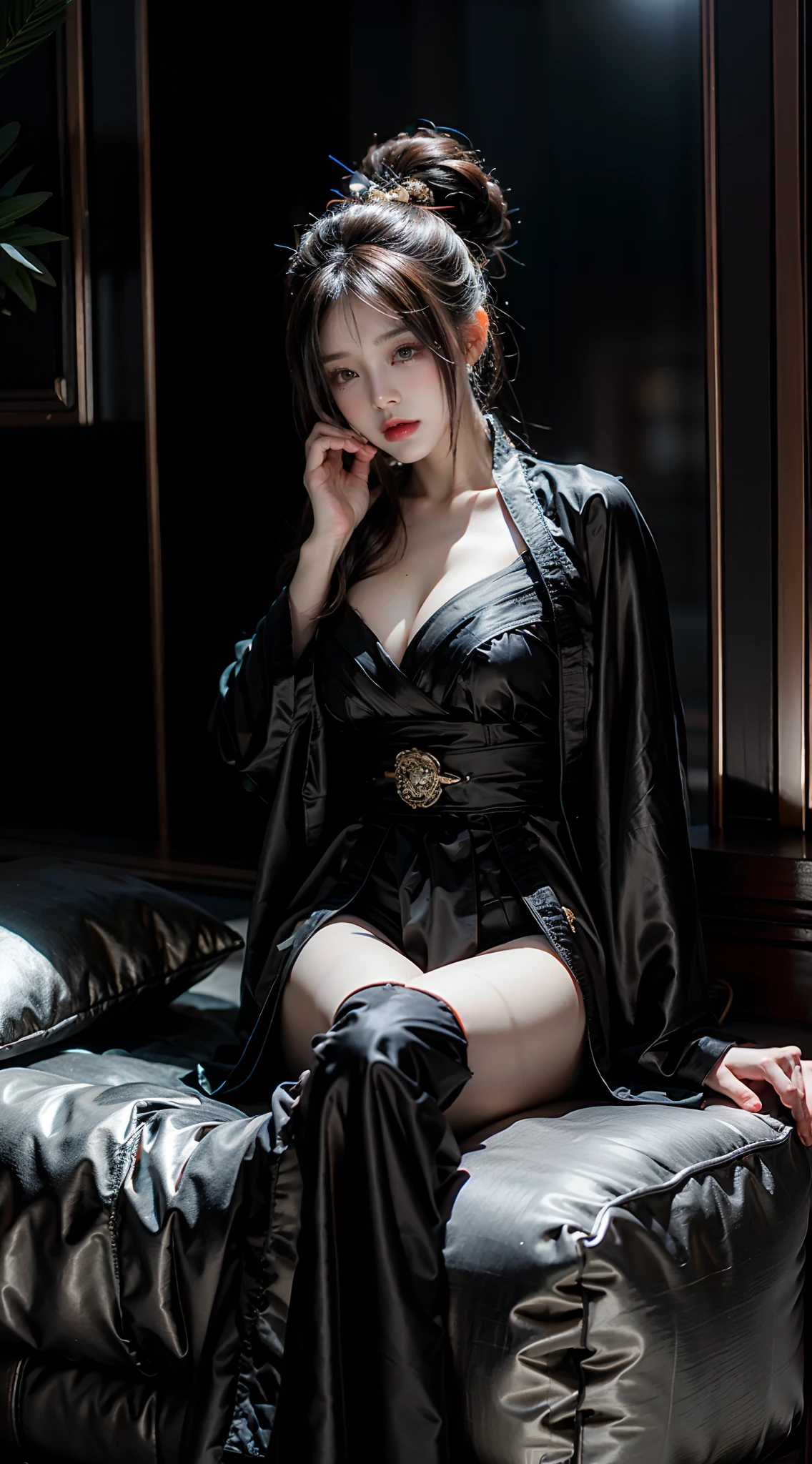 There was a woman sitting on a chair in a black dress, full-body xianxia, wearing black silk robe, wearing a black noble suit, elegant glamourous cosplay, wearing black silk robe, Japanese goddess, Silk, wearing dark silk robe, Anime girl cosplay, Wonderful, Satin, classical witch, gorgeous chinese models, wearing long black robe, Li Zixin，Oversized bust，Flame it up，Get wet all over your body，Black bed，Tummy down