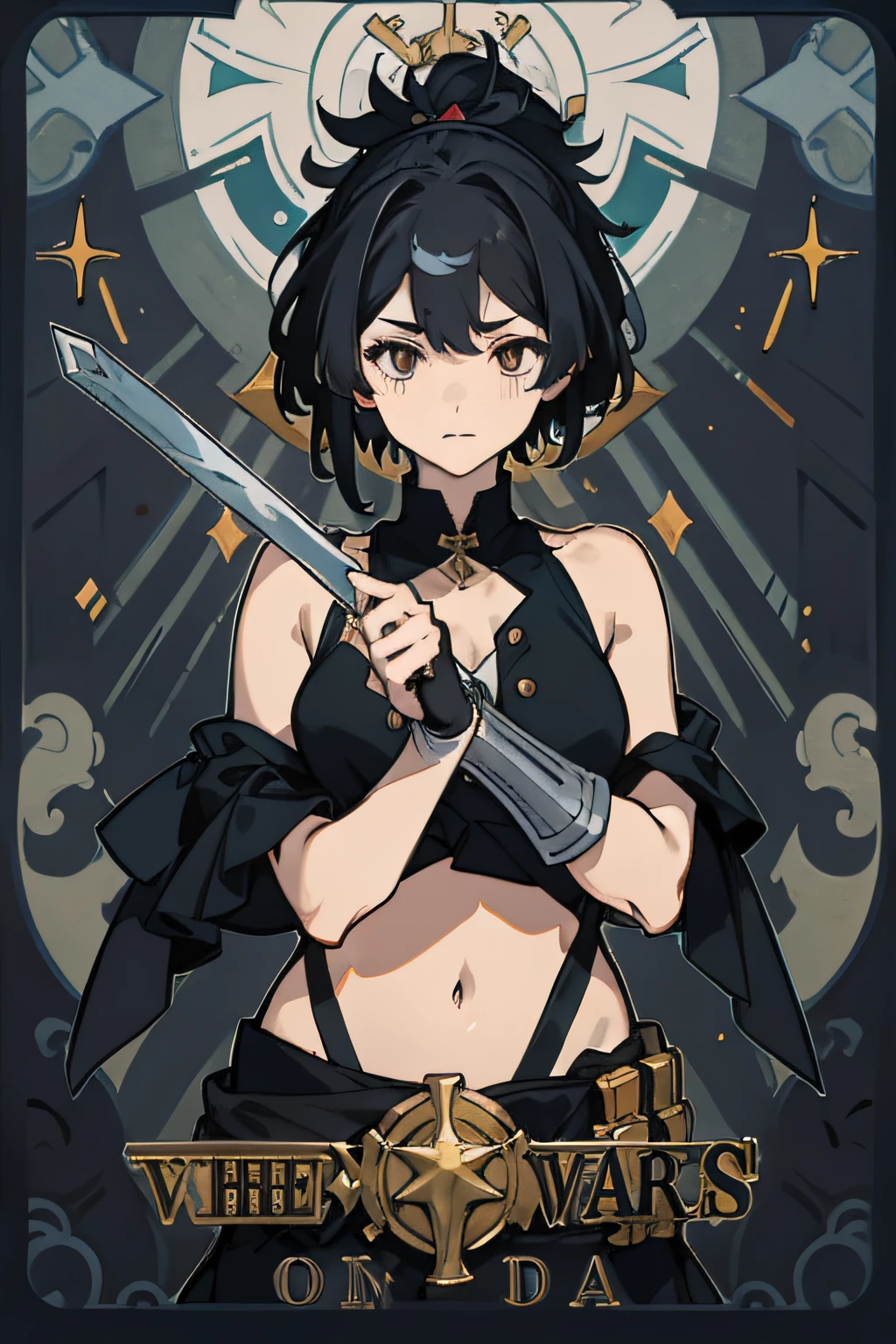 Girl with short black hair,The face is cold,It's a killer,Dagger in hand,Wear a black bandeau,The lower body is dressed in black tight short