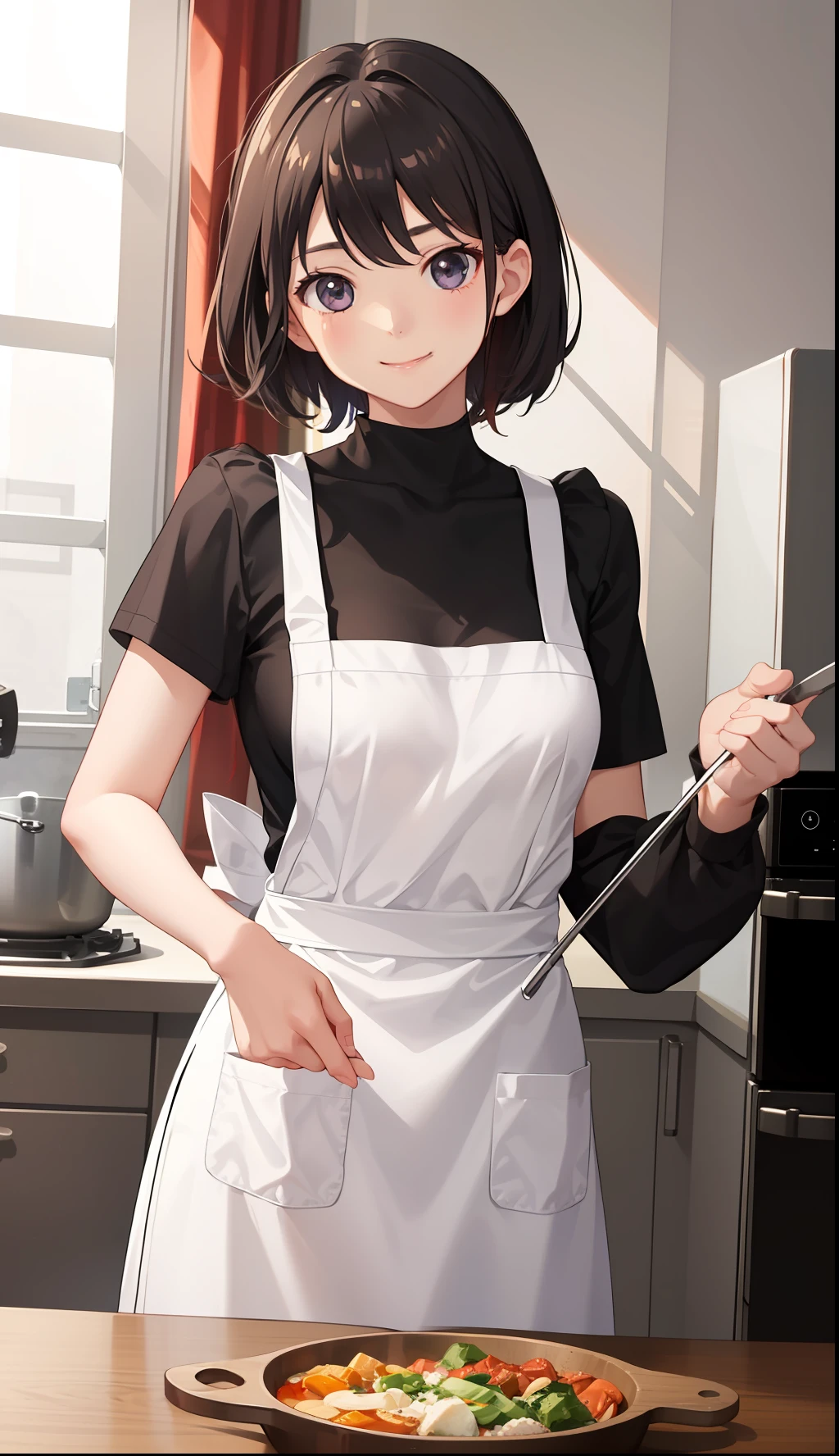 1girl in、A smile、Cooking in your room、barechested、Wearing only an apron、((small tits))、