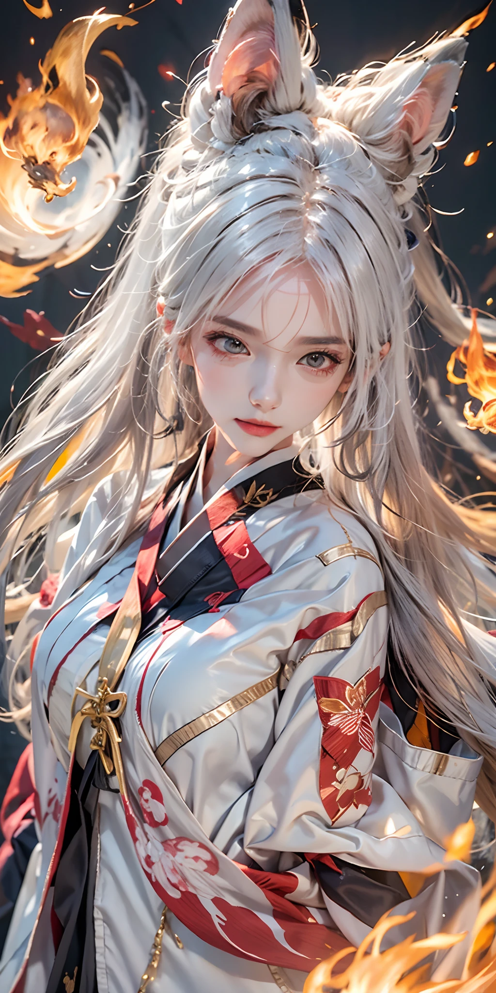 1girl,solo, official art, unity 8k wallpaper, ultra detailed, beautiful and aesthetic, beautiful, masterpiece, best quality, Kitsune witch, fox mask, haori jacket, foxfire spell, fox familiar, transformation,depth of field,