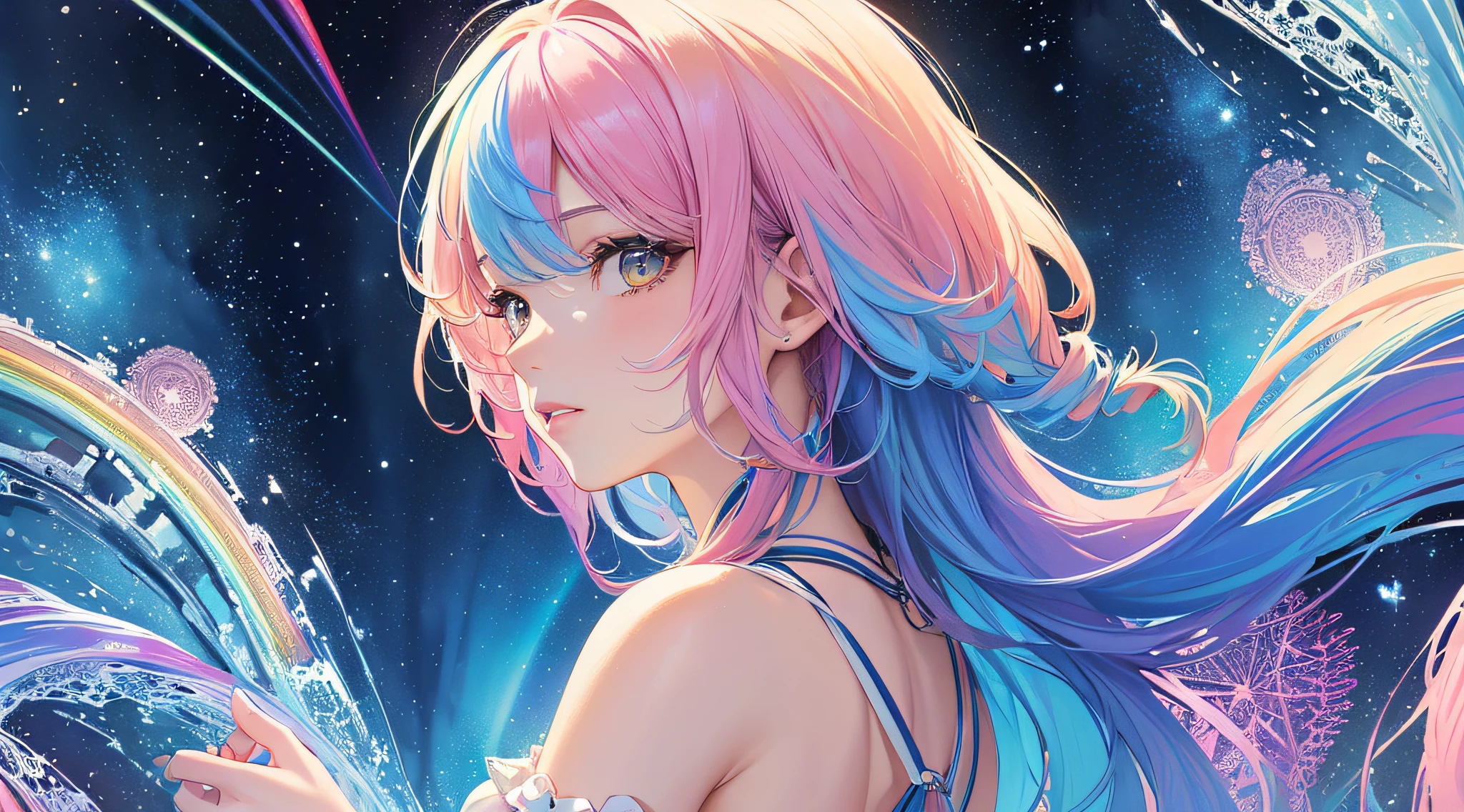 (masterpiece, top quality, best quality,watercolor (medium),official art, beautiful and aesthetic:1.2),(1girl:1.3), (fractal art:1.3),upper body, from side, looking at viewer,patterns,(rainbow color Hair,colorful hair,half blue and half pink hair:1.2),water,liquid, cloud,colorful, starry,stars,