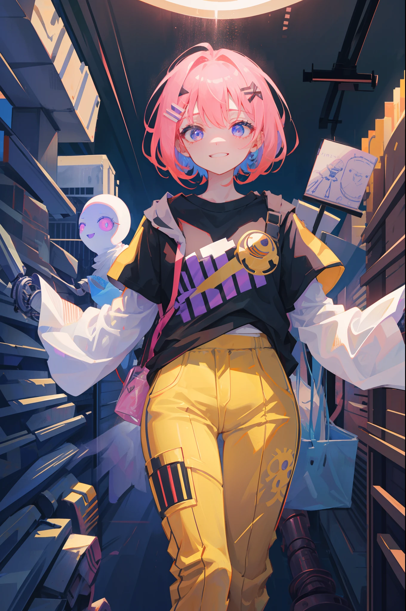 (1chica), (Machine-made joints: 1.4) ((mechanical limbs)) (Mechanical-arm), Elegant evil square-shaped right mechanical arm surrounded by beautiful and handsome vapo ghosts, ilustrador, obra maestra, alta calidad, 8k, high resolusion, Alto detalle, pelo anaranjado, por rosa, pants with ventilation at the waist, T-shirt with purple flame print, curvas, caderas anchas, camiseta color negra, estilo de sombreado difuminado, flamas rosadas , Chica joven, proporciones perfectas, Gothic, Science-Fiction, Perfect Anatomia, hydraulic cylinders, ojos rojos, (ojos extremadamente detallados), ojos brillosos, corte de pelo corto, vivid colors, sonrisa ;D, abrigo negro largo, piel clara, The girl has a robocop-style robotic eye.