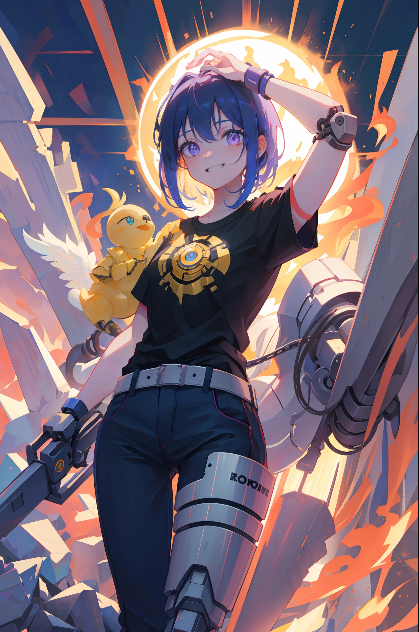(1chica), (Machine-made joints: 1.4) ((mechanical limbs)) (Mechanical-arm), Elegant evil square-shaped right mechanical arm surrounded by beautiful and handsome vapo ghosts, ilustrador, obra maestra, alta calidad, 8k, high resolusion, Alto detalle, pelo anaranjado, por rosa, pants with ventilation at the waist, T-shirt with purple flame print, curvas, caderas anchas, camiseta color negra, estilo de sombreado difuminado, flamas rosadas , Chica joven, proporciones perfectas, Gothic, Science-Fiction, Perfect Anatomia, hydraulic cylinders, ojos rojos, (ojos extremadamente detallados), ojos brillosos, corte de pelo corto, vivid colors, sonrisa ;D, abrigo negro largo, piel clara, The girl has a robocop-style robotic eye.