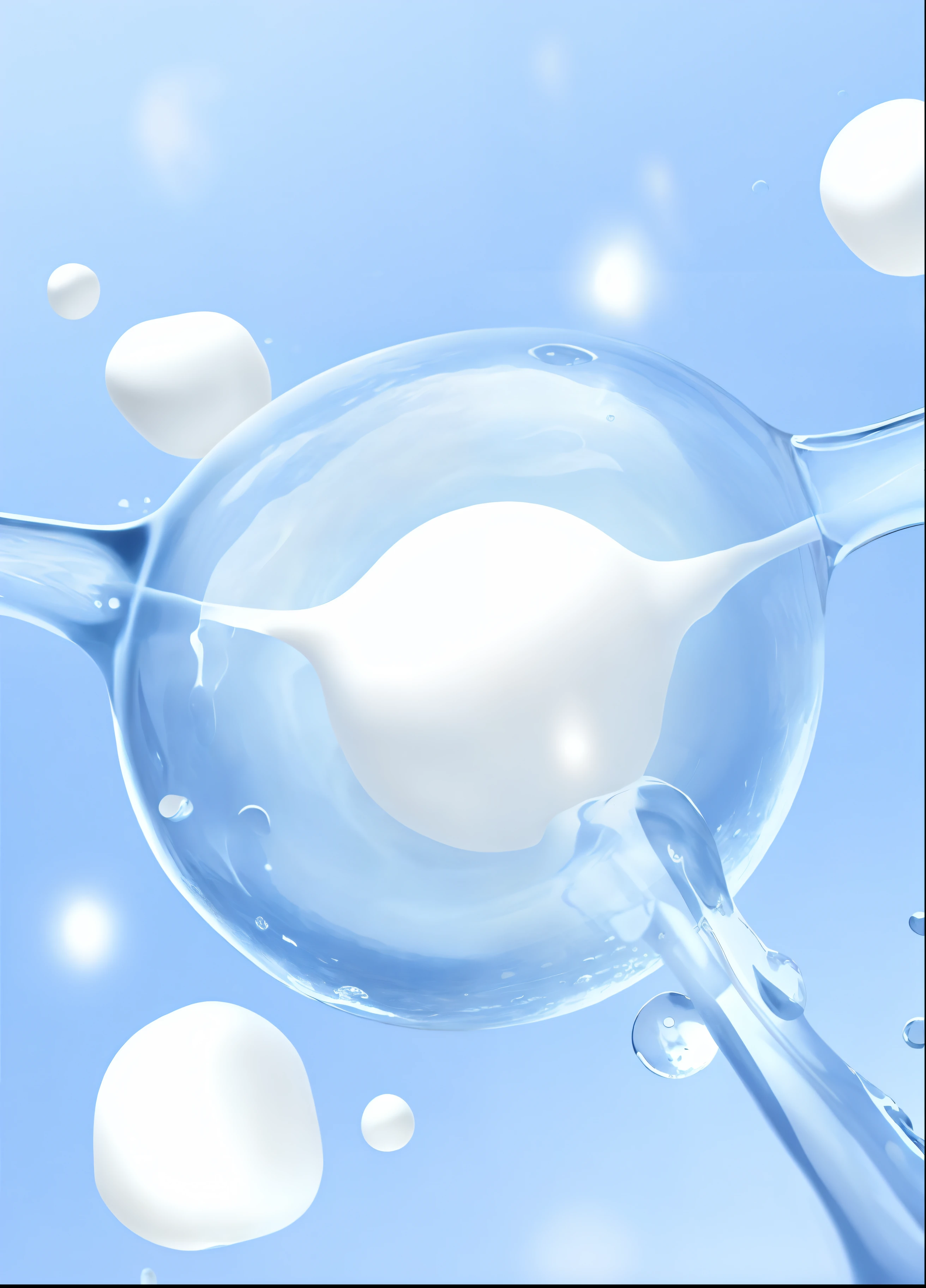 There is a picture of a cell used to treat the cells, sterile background, water particle in front, liquid simulation background, Viscous, Flowing milk, Viscous liquid, clear liquid, 3 d fluid simulation render, milk dripping, puddle of milk, bubbling skin, liquid interface, cryogenic pods, high quality topical render, water bubbles, floating molecules