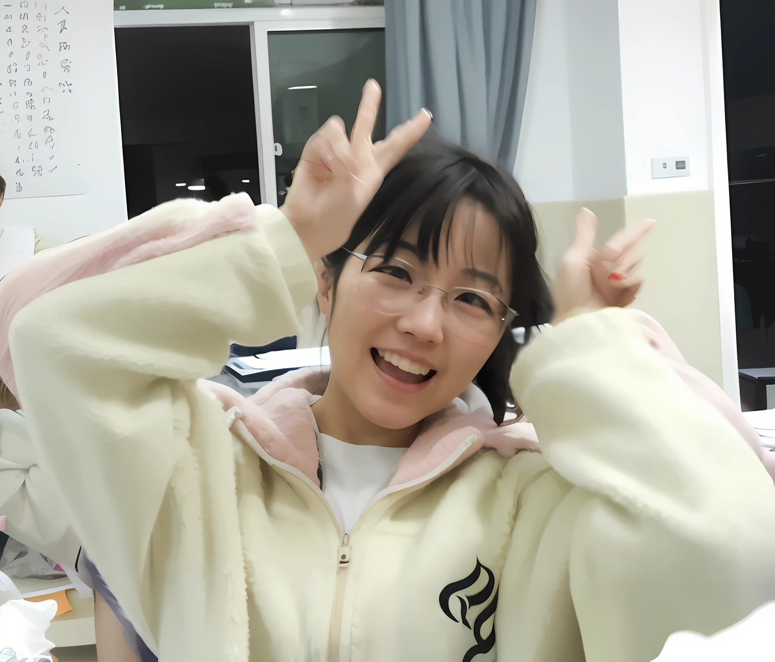 there is a woman that is posing for a picture in a room, chiho, Li Zixin, Student, she expressing joy, with index finger, xintong chen, wenfei ye, low quality photo, Yoshitomo Nara, Lu Ji, very very low quality picture, harumi, Zhang Pengzhen