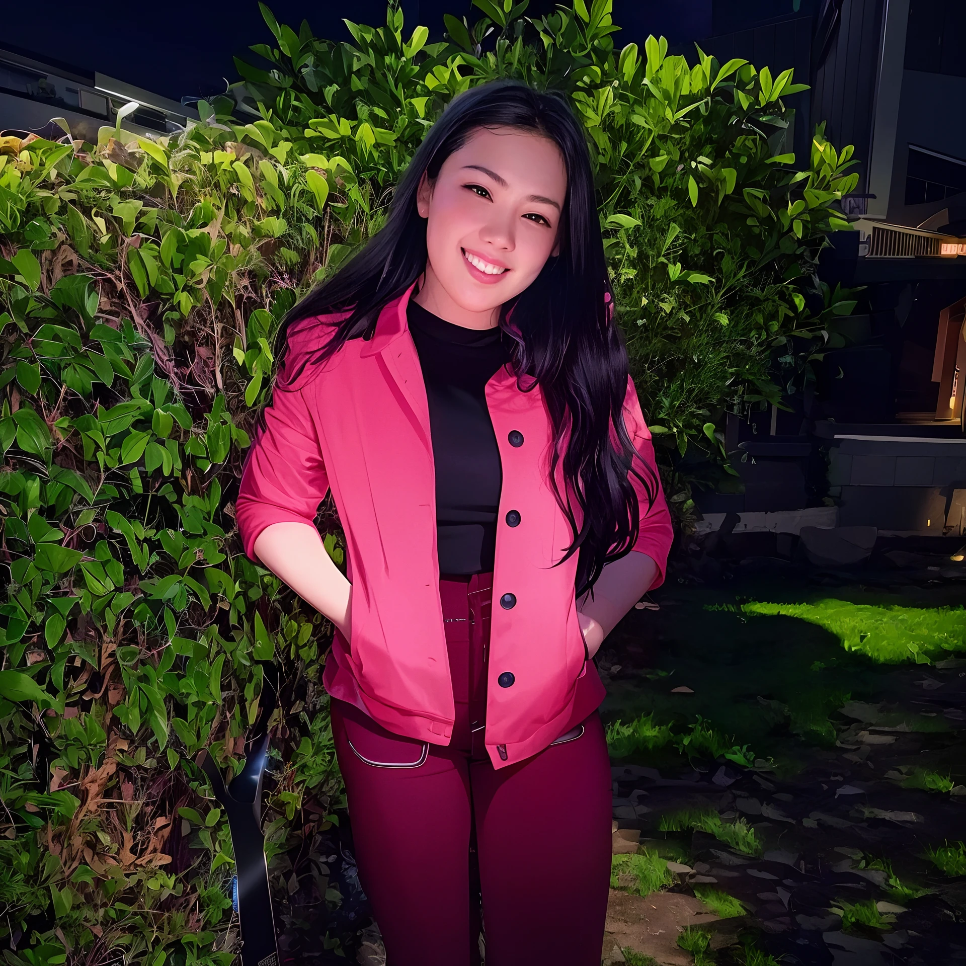 there is a woman standing in front of a bush with a pink jacket, at night time, with glowing lights at night, taken with the best dlsr camera, very very low quality picture, during sunset, photo taken at night, candid picture, taken with a canon dslr camera, during night, at night, taken with canon 8 0 d, taken with sony alpha 9