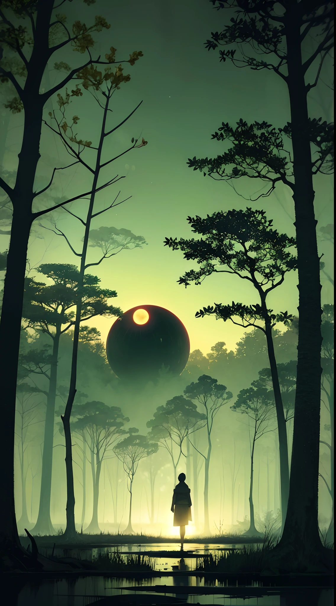 dark night , swamp scenery, big tree's, dark green and glowing green tree and cinematic menacing fog , dark aura , dark red glowing Cinematic thunder , black moon
