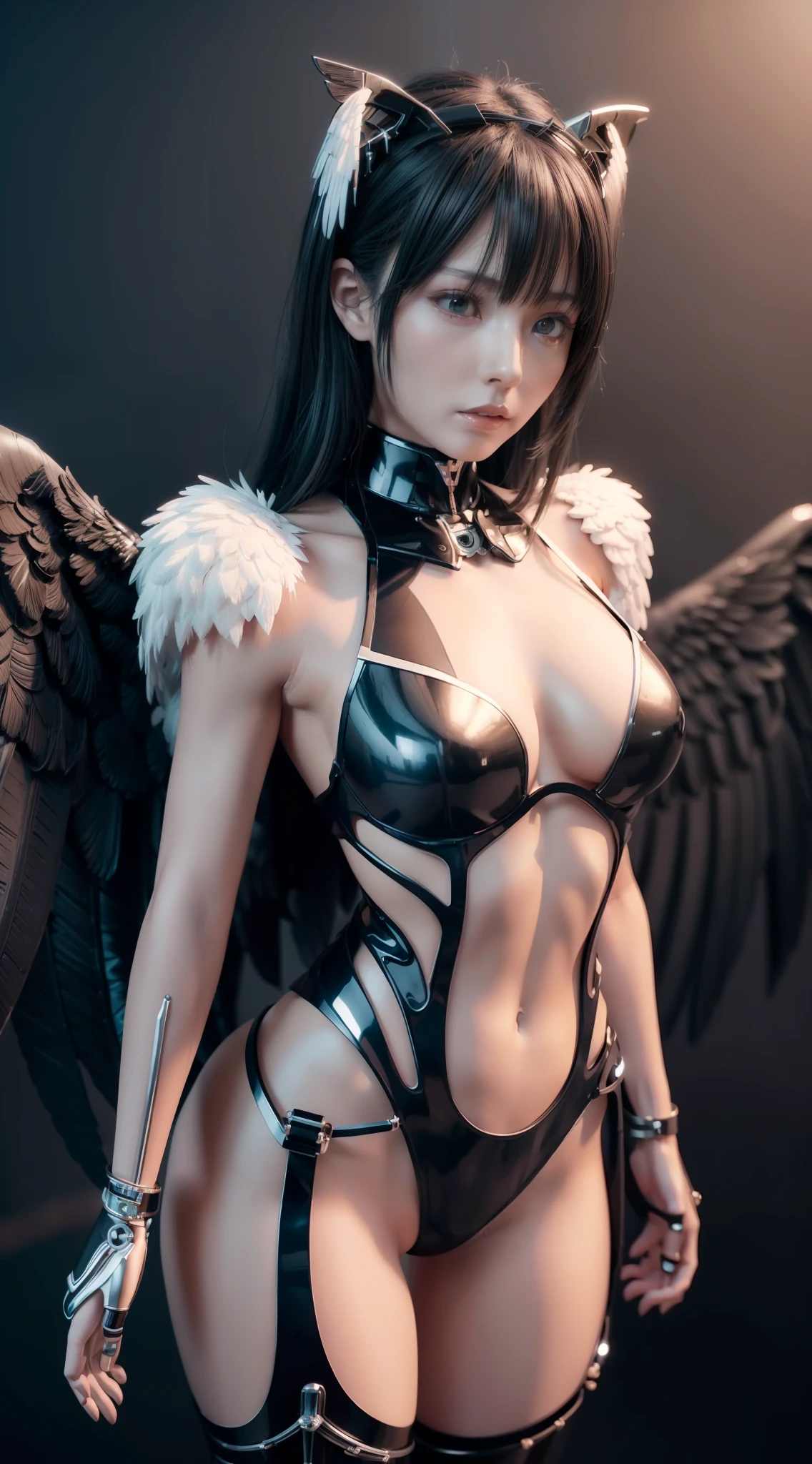 Mechanical style,Black Themes,(1 mechanical female angel,Anatomically correct,full bodyesbian, ,Black and silver wings,The girl stands,circular base),Black and white background, (a 3D render,Best quality, high detal, Masterpiece, offcial art, Cinematic lighting, 4K, Chiaroscuro),Oversized bust,scratching head