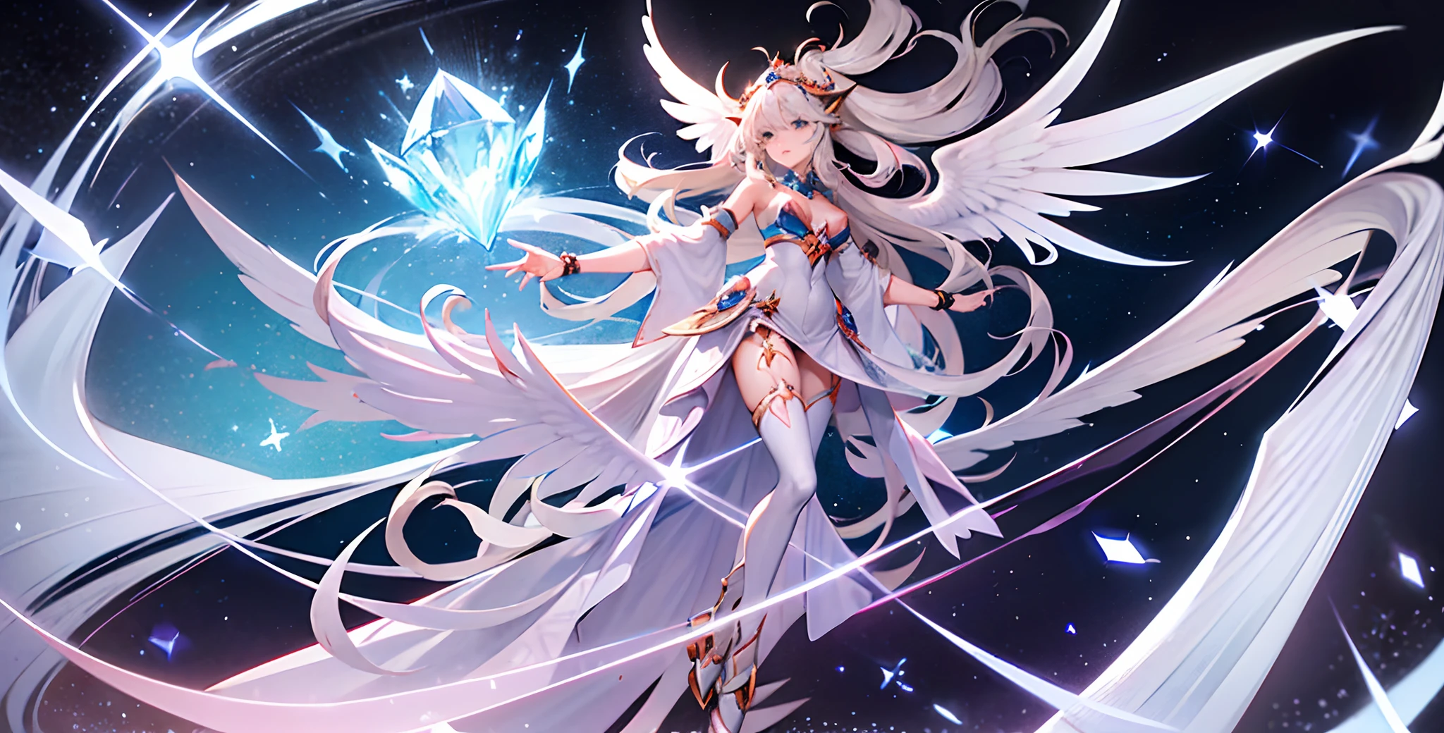 anime style drawing of a white winged creature with a star in the background, a detailed painting inspired by Xul Solar, pixiv contest winner, sots art, blue eyes white dragon, colossal dragon as background, crystal dragon, sliver ice color reflected armor, yugioh artwork, high detailed official artwork, yugioh art style, yugioh style